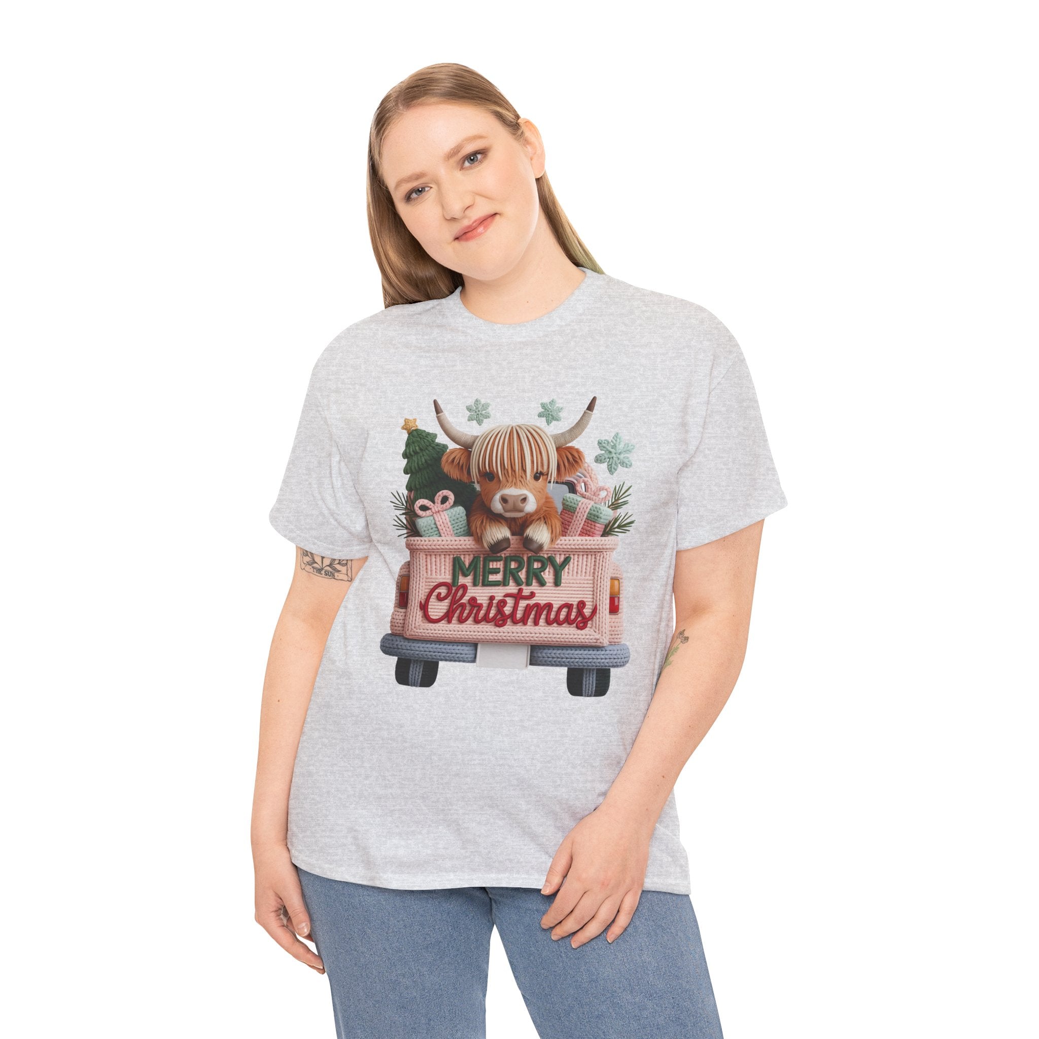 Merry Christmas Highland Cow Knit Truck Unisex Cotton T-Shirt