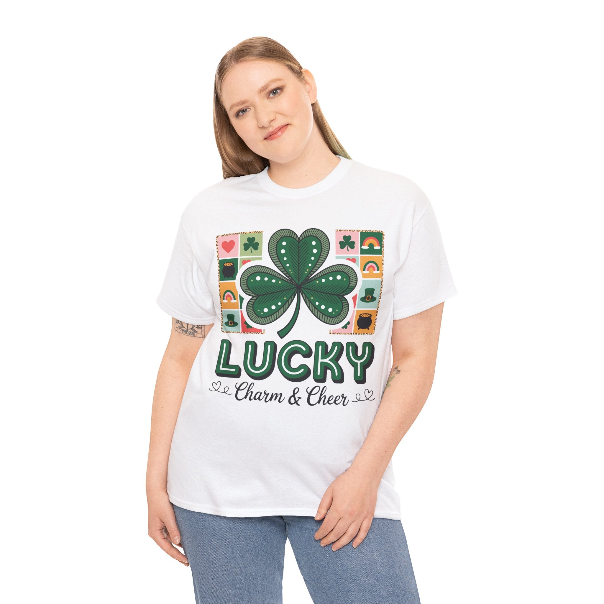 Lucky Charm & Cheer Clover Tee — Patchwork St. Patrick’s Day Unisex Cotton T-Shirt