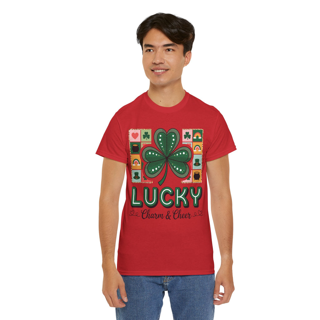 Lucky Charm & Cheer Clover Tee — Patchwork St. Patrick’s Day Unisex Cotton T-Shirt