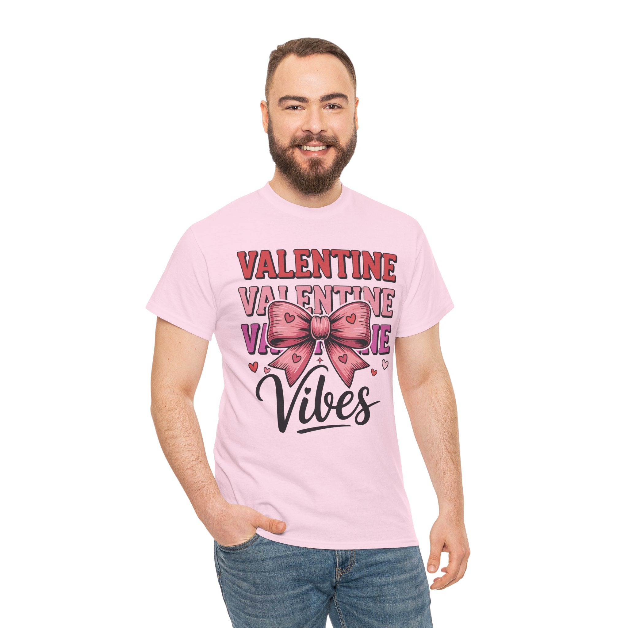 Valentine Vibes T-Shirt — Pink Bow Heart Graphic Unisex Cotton Tee