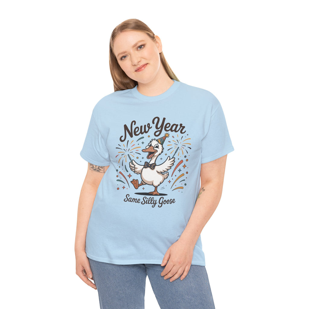 Happy Goose New Year T-Shirt — Party Hat, Fireworks & Confetti Unisex Cotton Tee