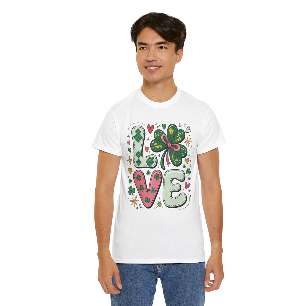 Stitched Clover 'LOVE' Tee — Heart & Patchwork St. Patrick's Unisex Cotton T-Shirt