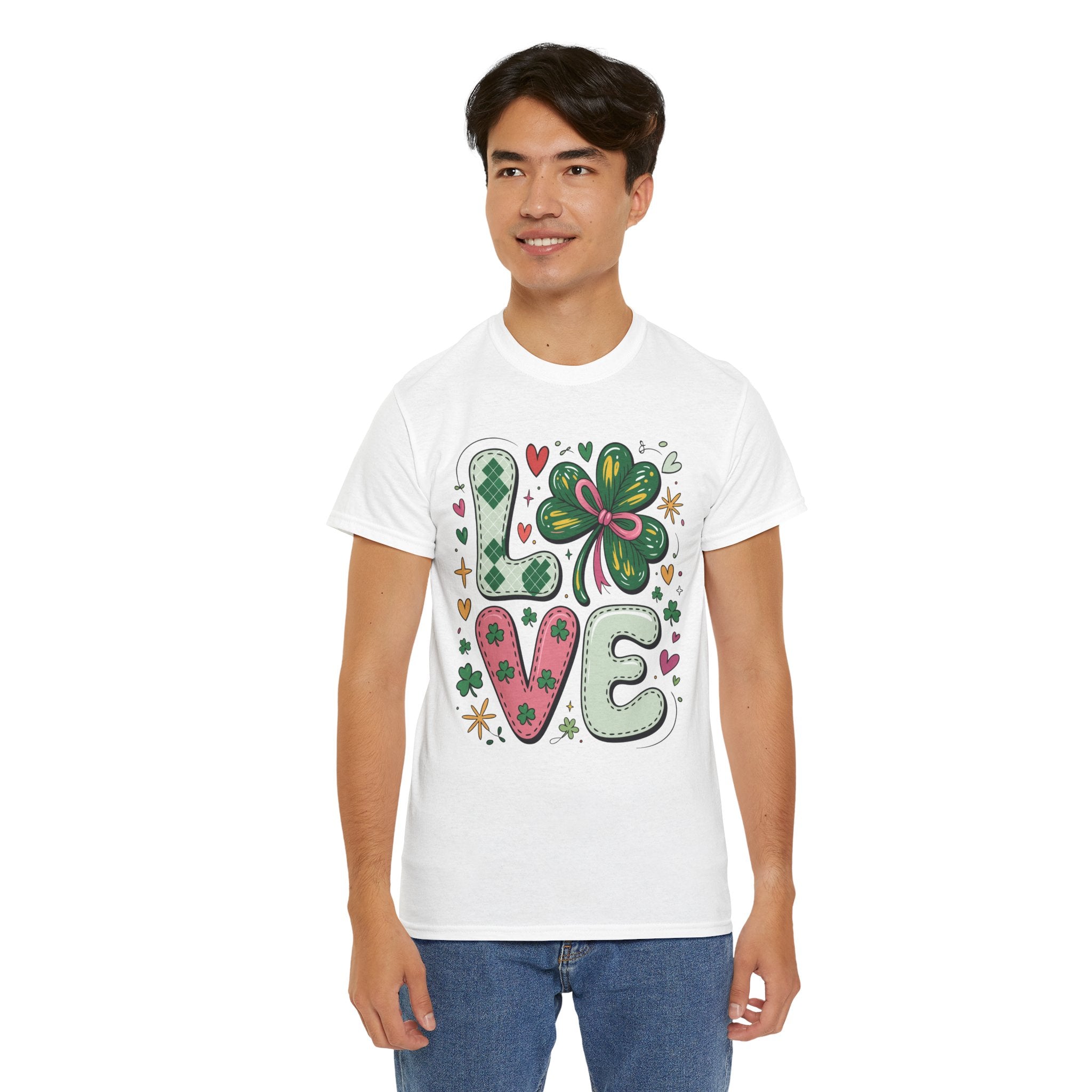 Stitched Clover 'LOVE' Tee — Heart & Patchwork St. Patrick's Unisex Cotton T-Shirt