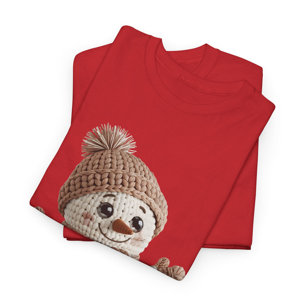 Snowman Knit‑Style Graphic Tee — Cute Faux‑Yarn Snowman with Hat, Scarf & Mittens.Unisex Cotton Tee