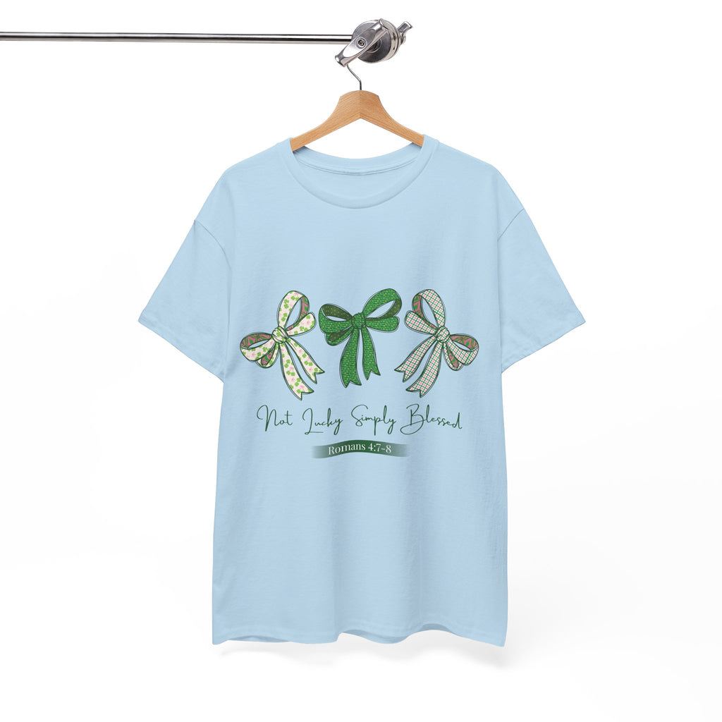 Not Lucky Simply Blessed Tee — Romans 4:7-8 Green Bow Christian Unisex Cotton T-Shirt