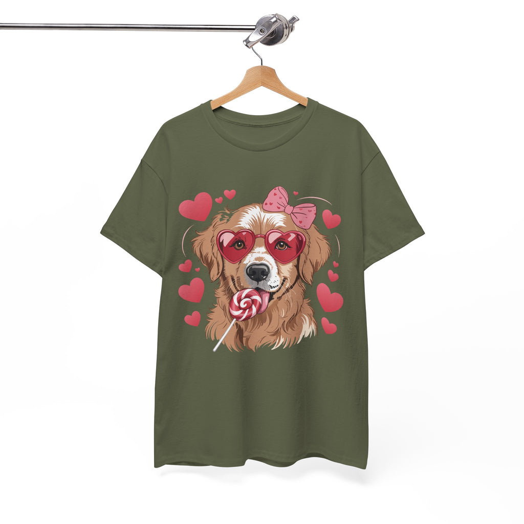Valentine Dog T-Shirt — Cute Pup with Heart Glasses, Pink Bow & Lollipop..Unisex Cotton Tee