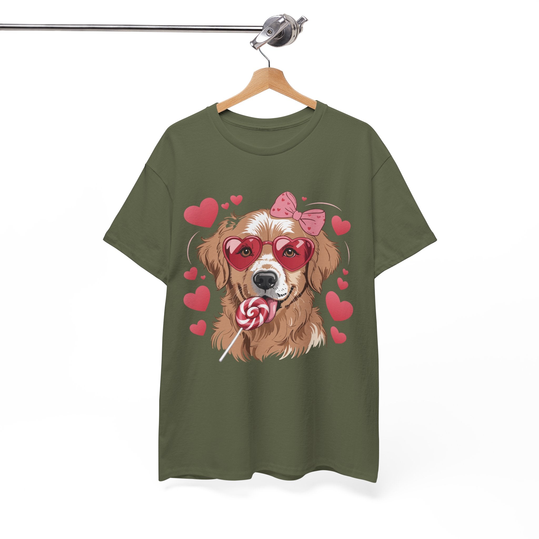 Valentine Dog T-Shirt — Cute Pup with Heart Glasses, Pink Bow & Lollipop..Unisex Cotton Tee