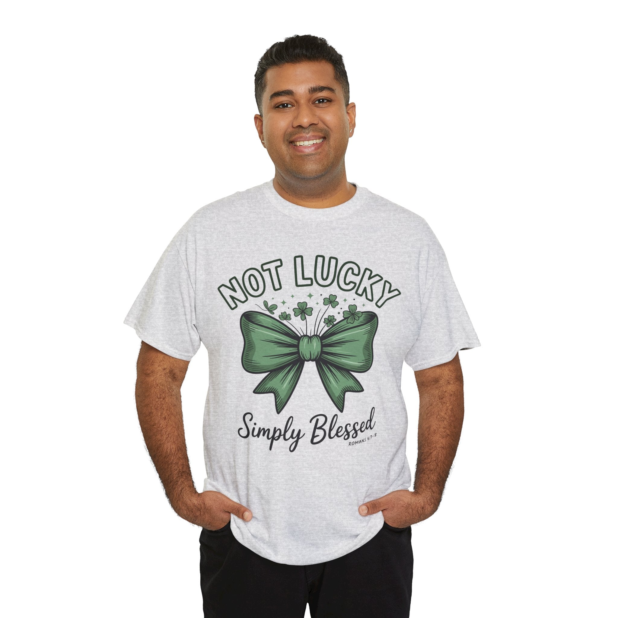 Not Lucky, Simply Blessed T-Shirt — Green Bow & Clovers St. Patrick’s Unisex Cotton Tee