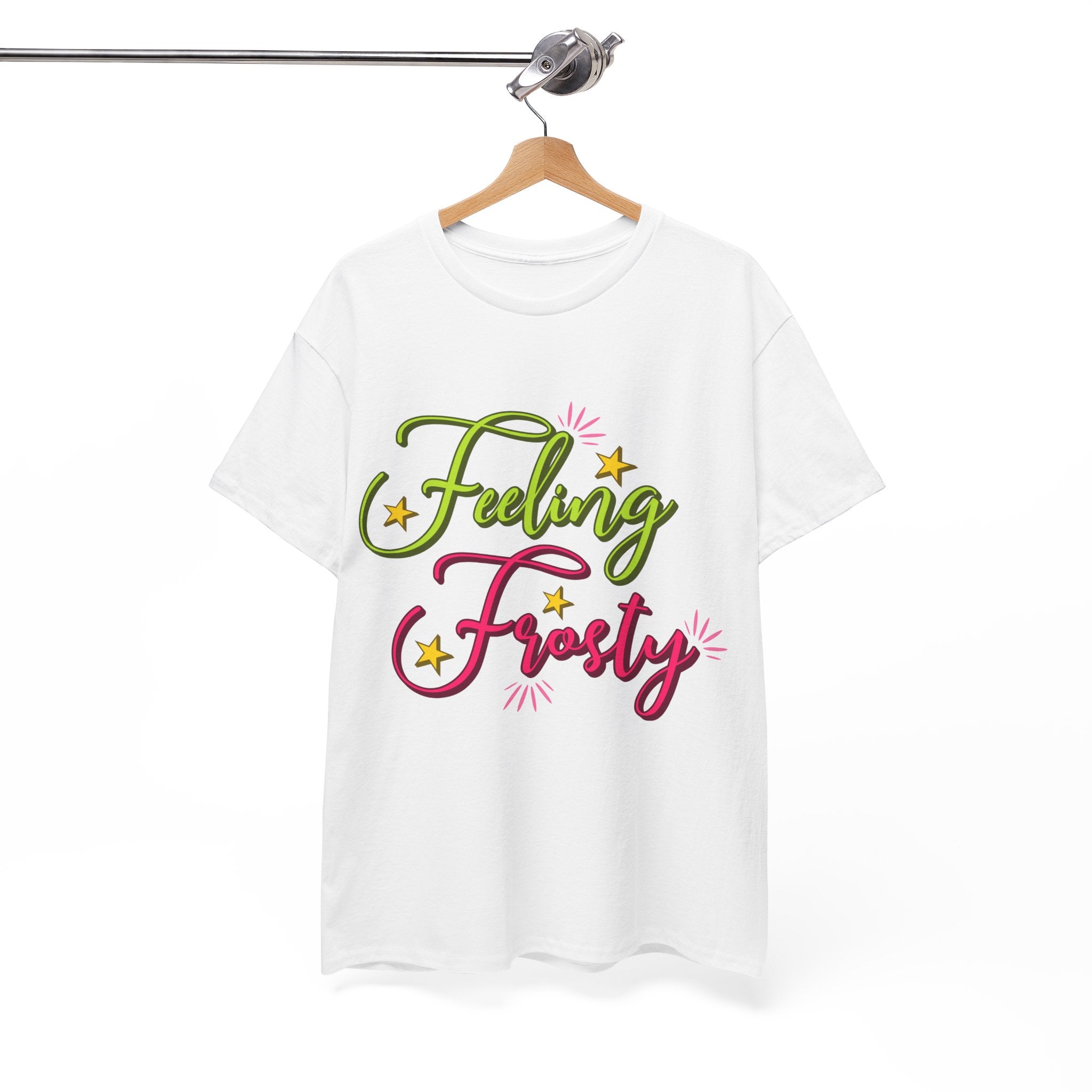 Feeling Frosty Holiday T-Shirt — Green & Pink Script Stars.Unisex Cotton Tee