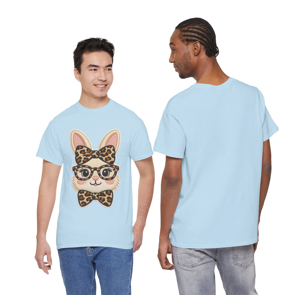 Leopard Bow Bunny Embroidered Tee — Cute Bunny Face with Glasses Patch Unisex Cotton Tee