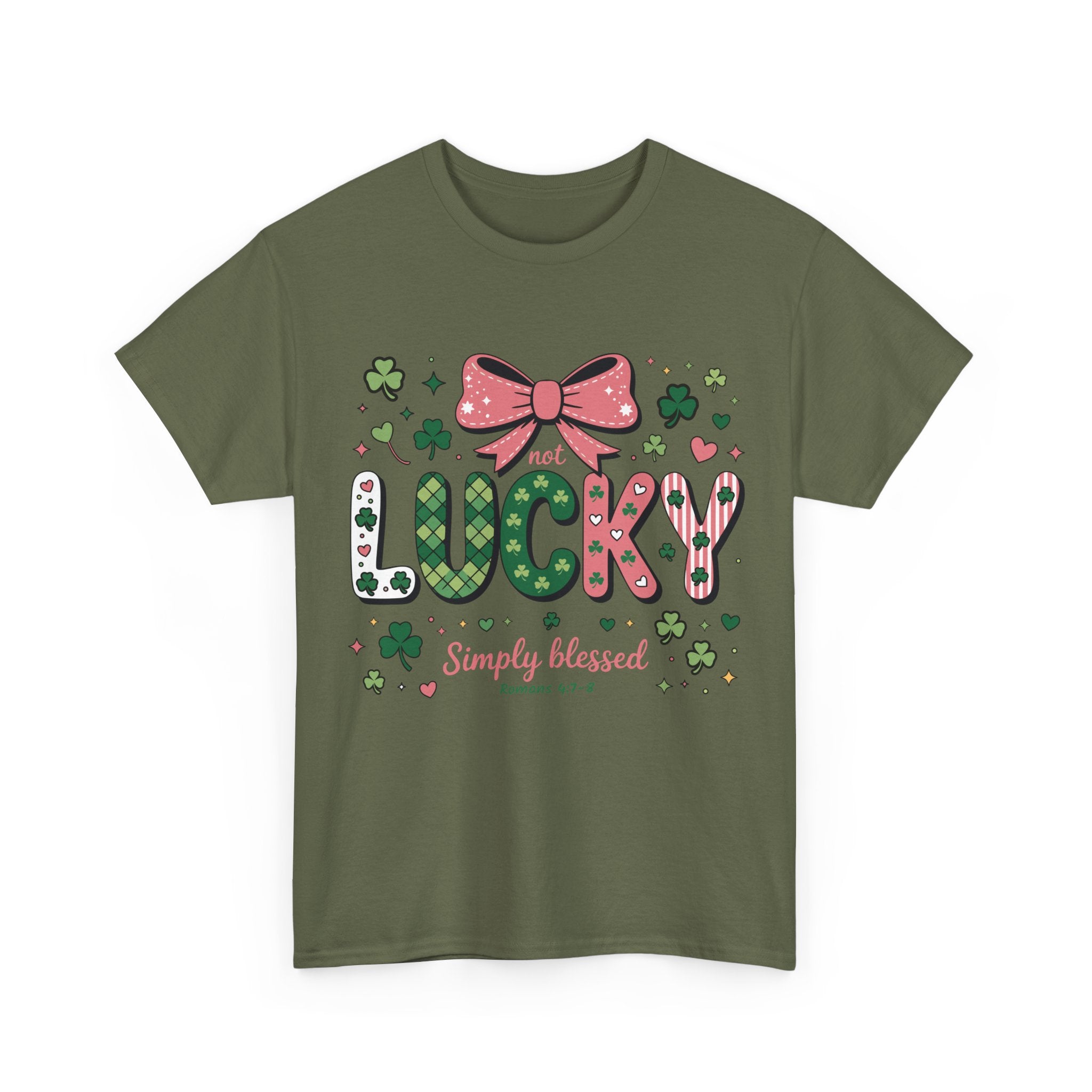 Simply Blessed Tee — “Not Lucky, Simply Blessed” with Pastel Bow, Clovers & Romans 4:7-8 Unisex Cotton Tee