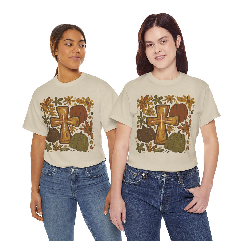 Autumn Cross Tee — Rustic Pumpkin & Fall Floral Christian Unisaex Cotton T-Shirt