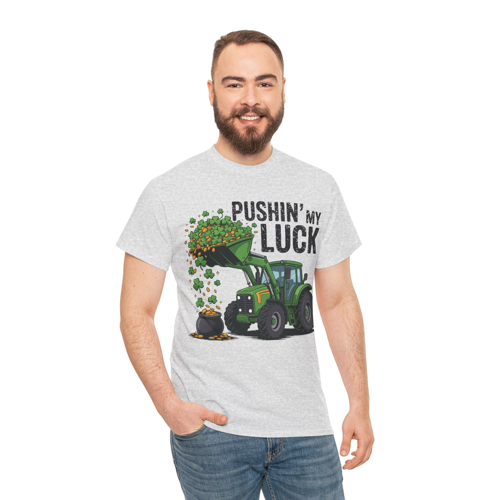 Pushin' My Luck Shamrock Tractor Tee — St. Patrick's Day Unisex Cotton T-Shirt