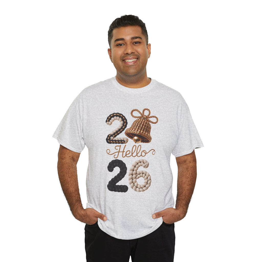 Hello 2026 Tee — Cozy Faux Yarn Braided Numbers with Woven Golden Bell..Unisex Cotton Tee