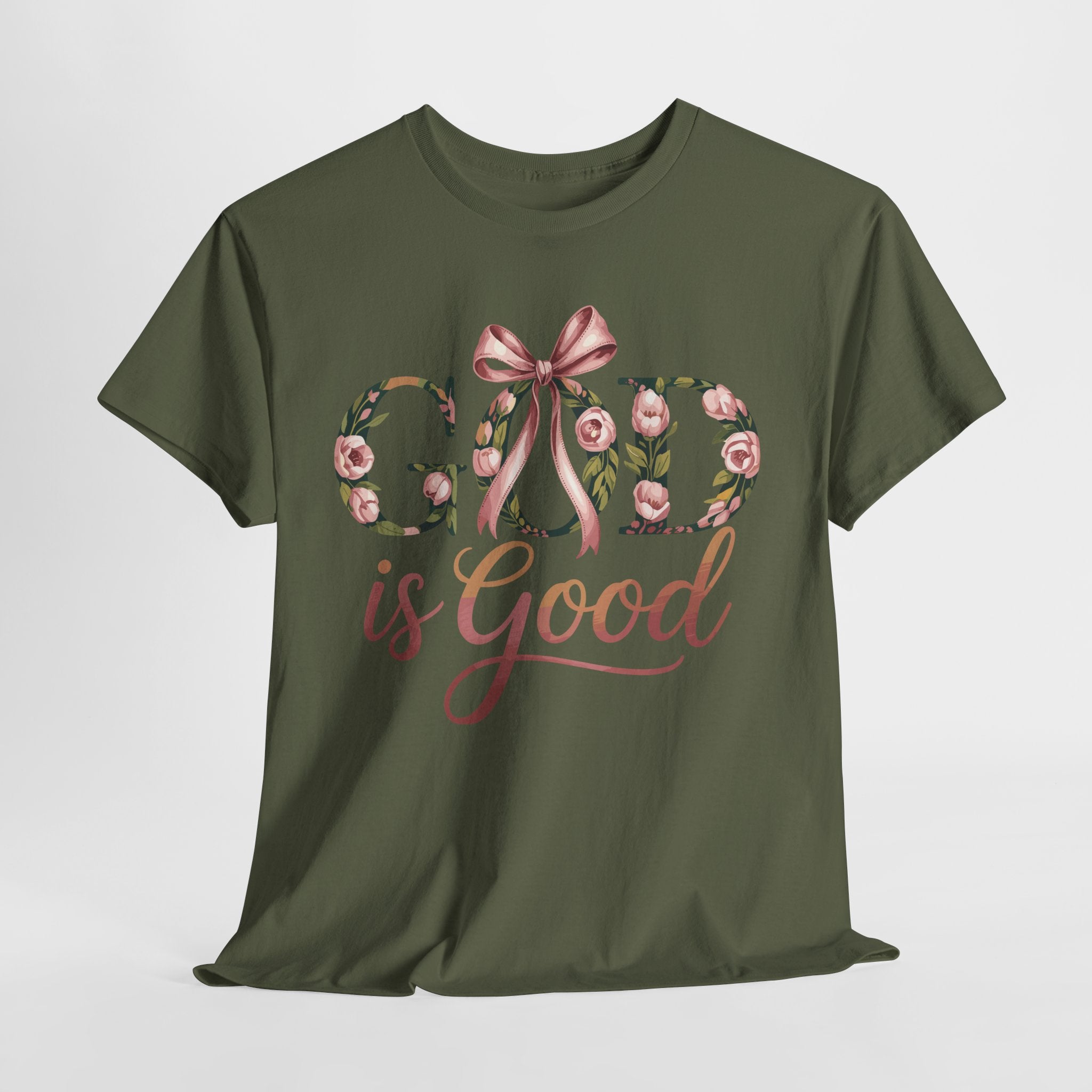 God Is Good Pink Rose Tee — Floral Ribbon Faith Unisex Cotton T-Shirt