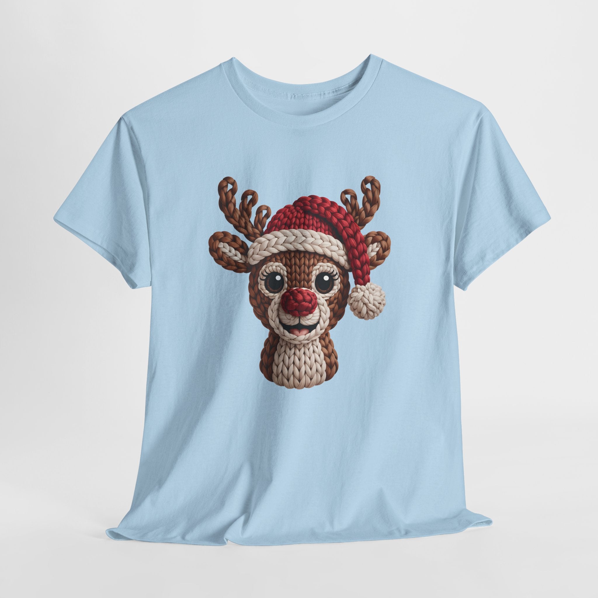 Reindeer in Santa Hat Cotton Tee — Joyful Faux-Yarn Holiday Unisex Coton T-Shirt