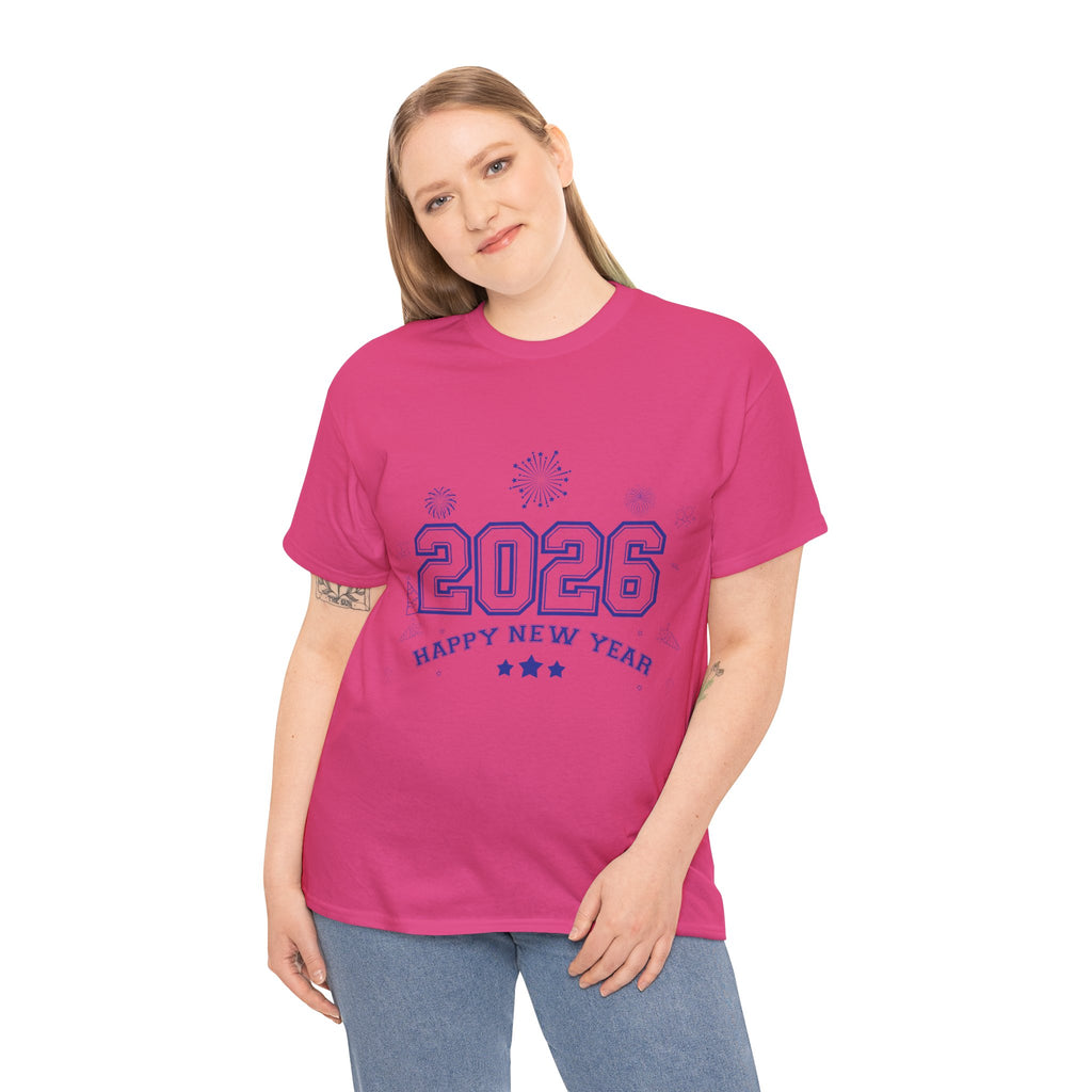 Happy New Year 2026 Varsity Tee — Fireworks & Confetti Celebration Unisex Cotton Tee