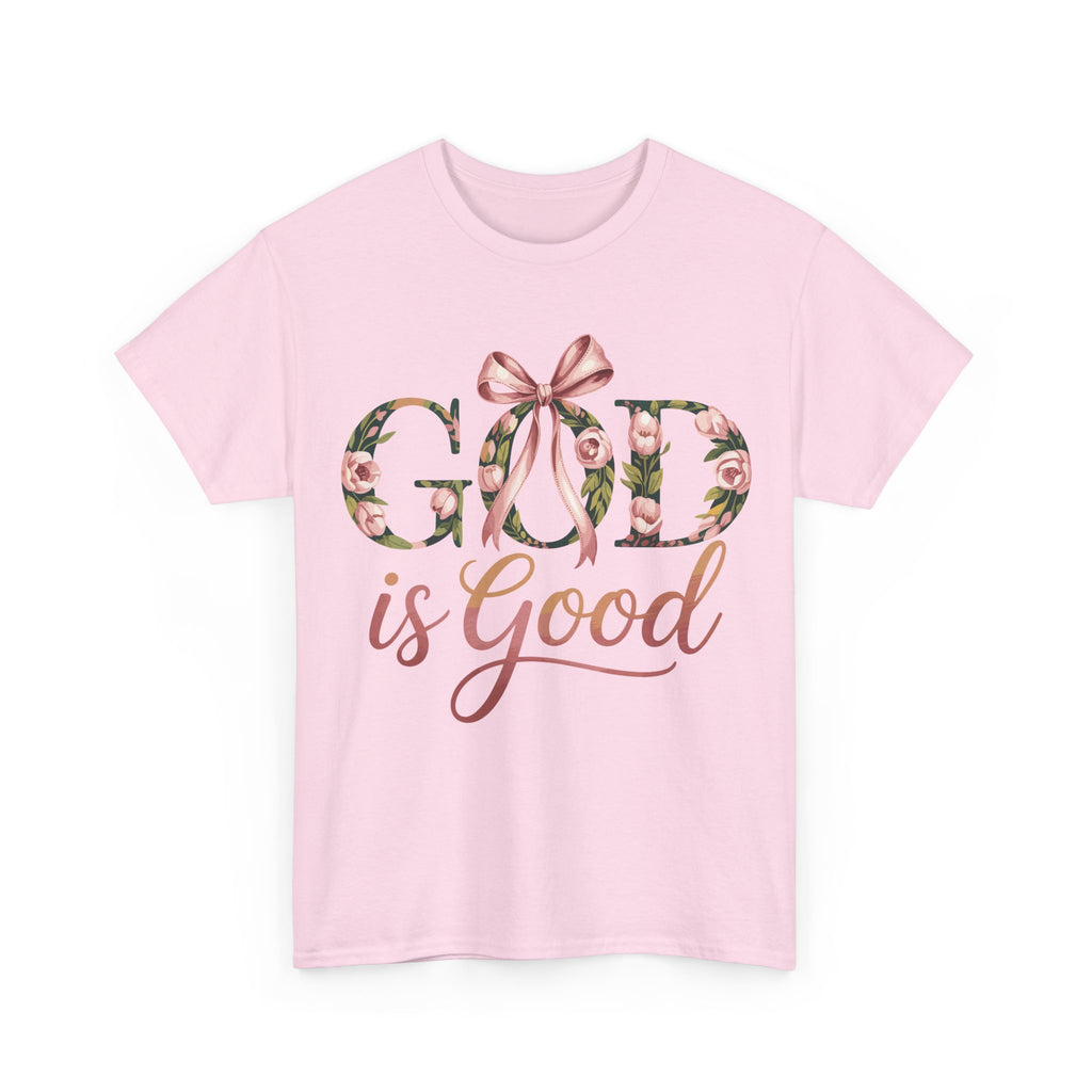 God Is Good Pink Rose Tee — Floral Ribbon Faith Unisex Cotton T-Shirt