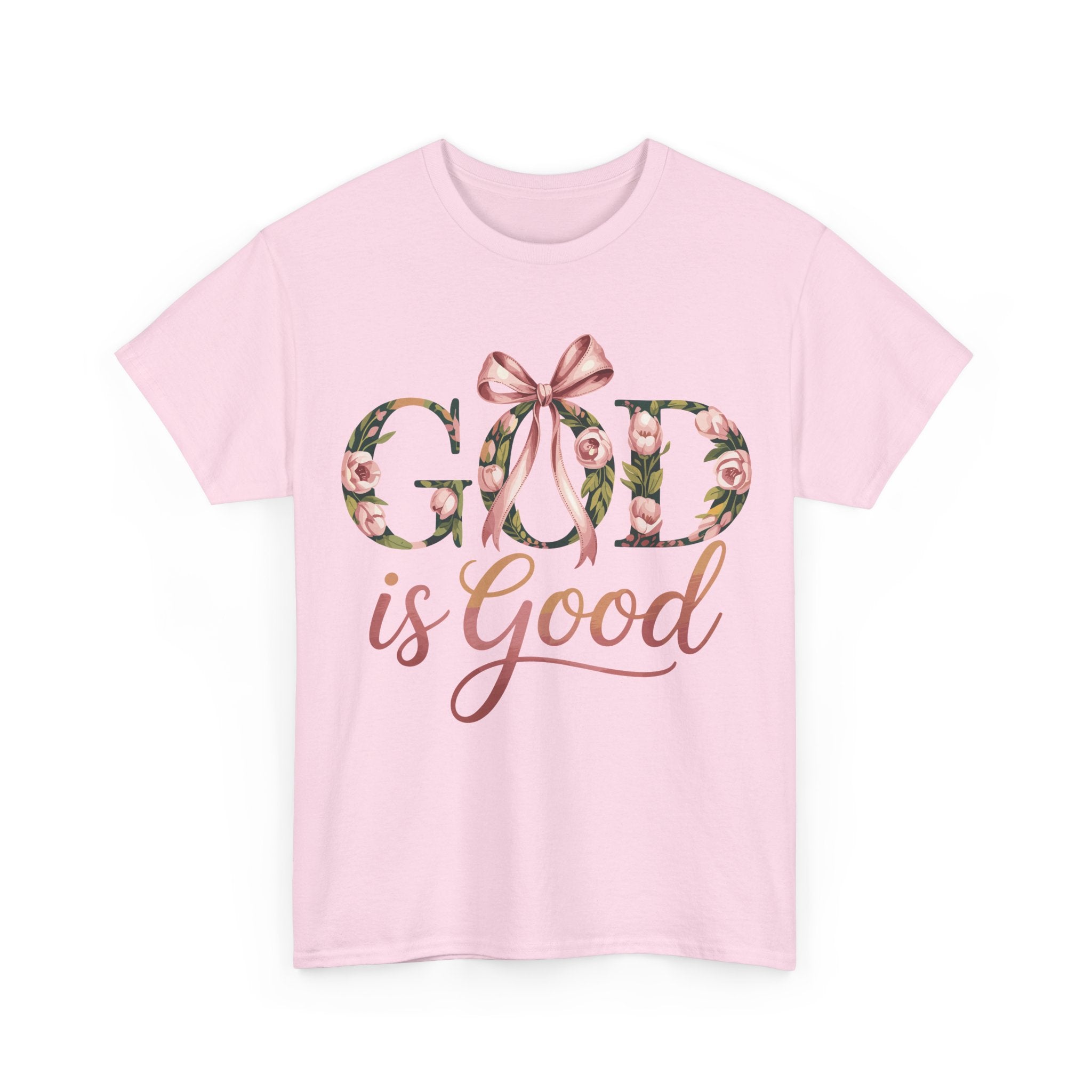 God Is Good Pink Rose Tee — Floral Ribbon Faith Unisex Cotton T-Shirt