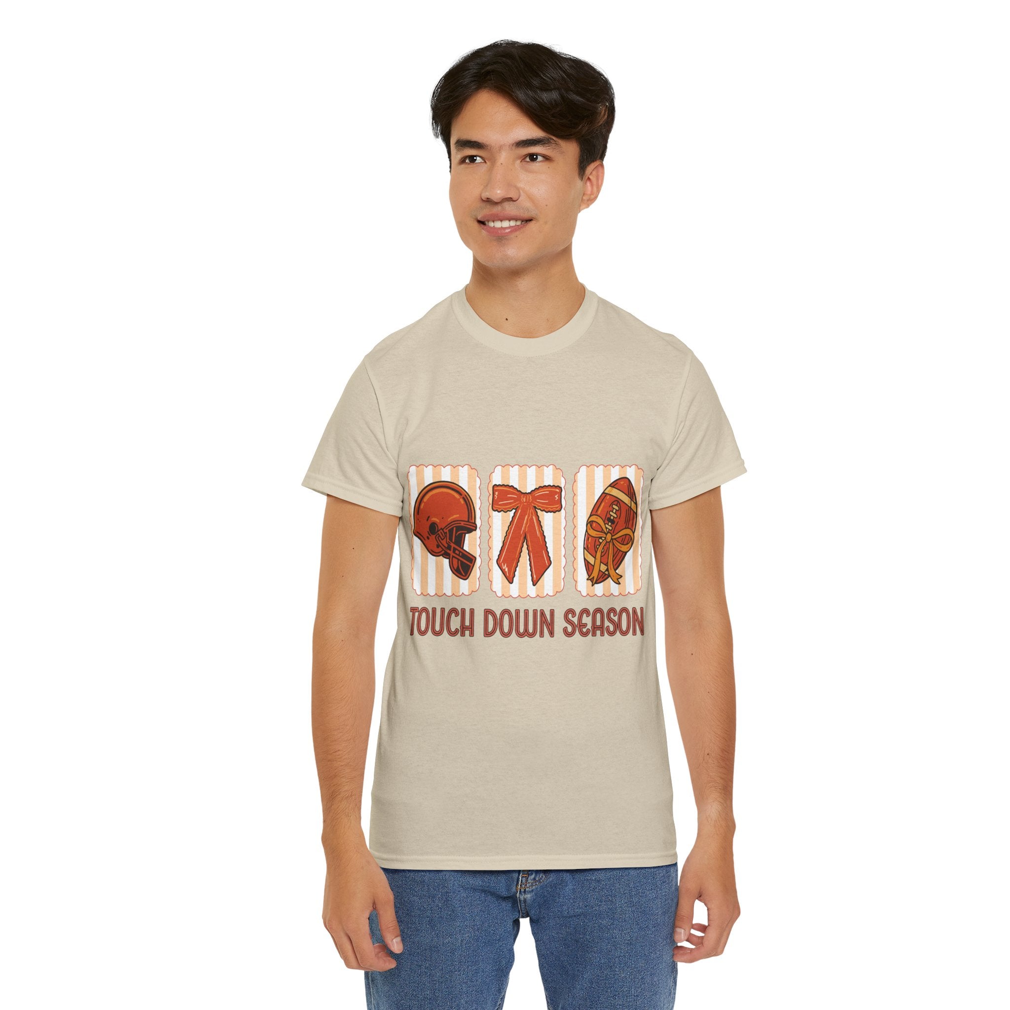 Touch Down Season Football Tee — Striped Fall Helmet & Bow Design Unisex Cotton Tee