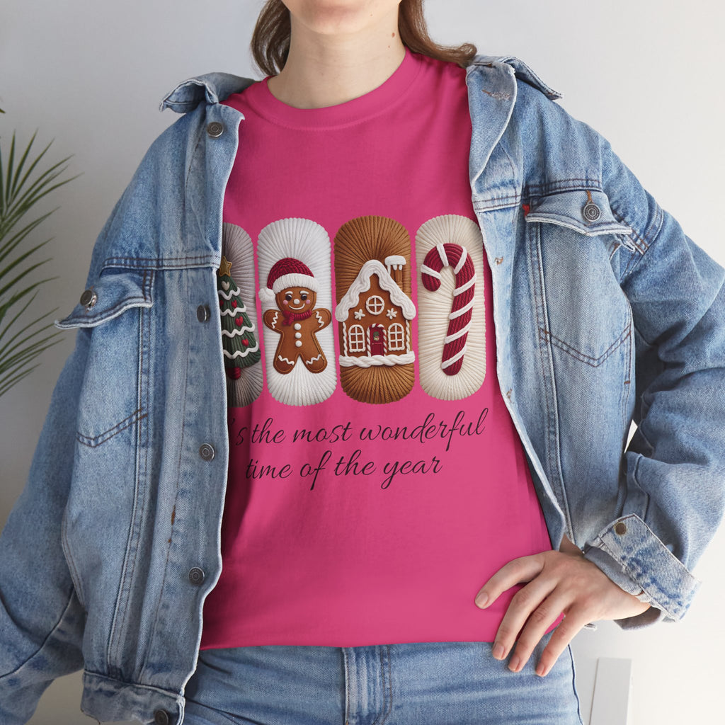 Christmas Faux-Yarn Tree Tee — Gingerbread House & Candy Cane Holiday Unisex Cotton T-Shirt