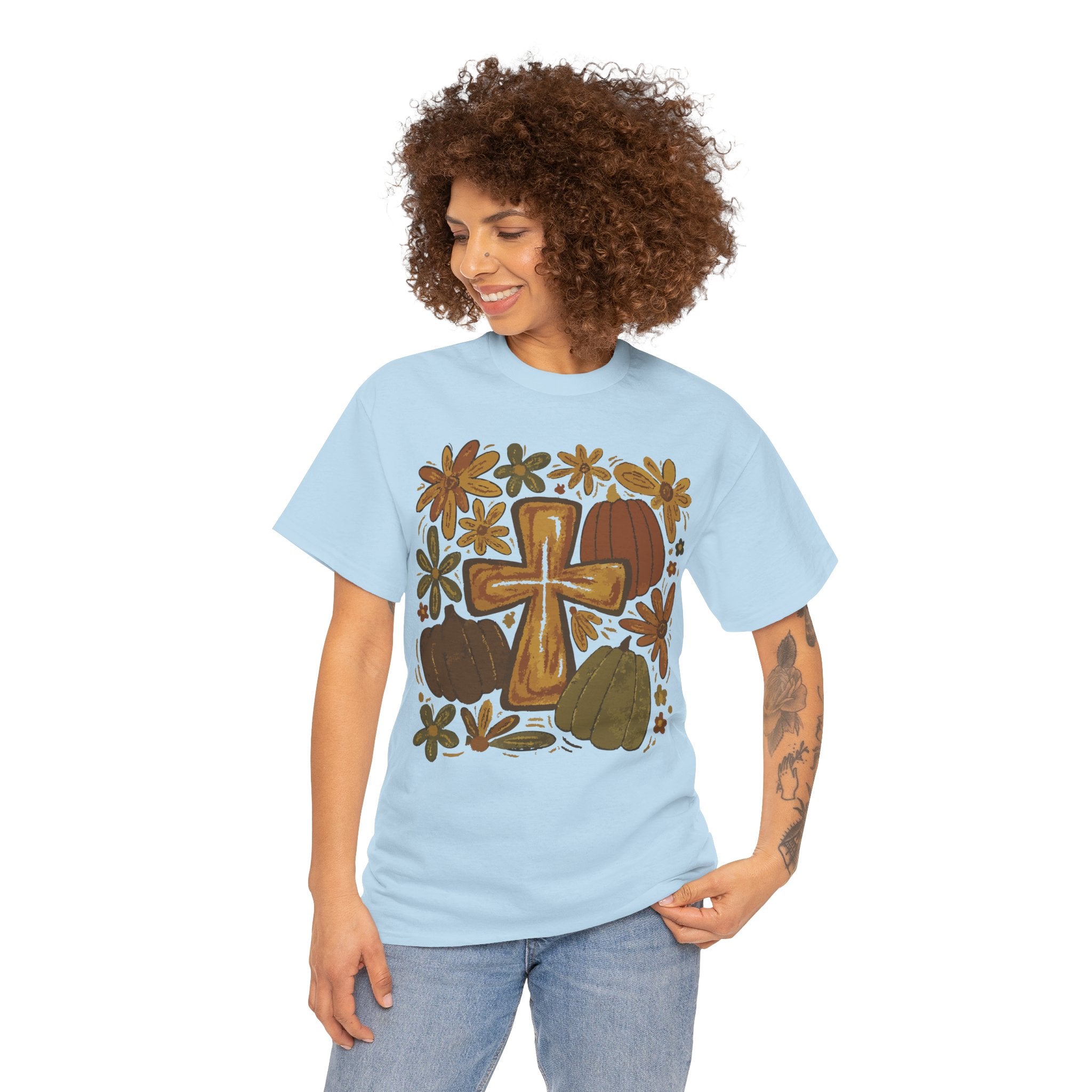 Autumn Cross Tee — Rustic Pumpkin & Fall Floral Christian Unisaex Cotton T-Shirt