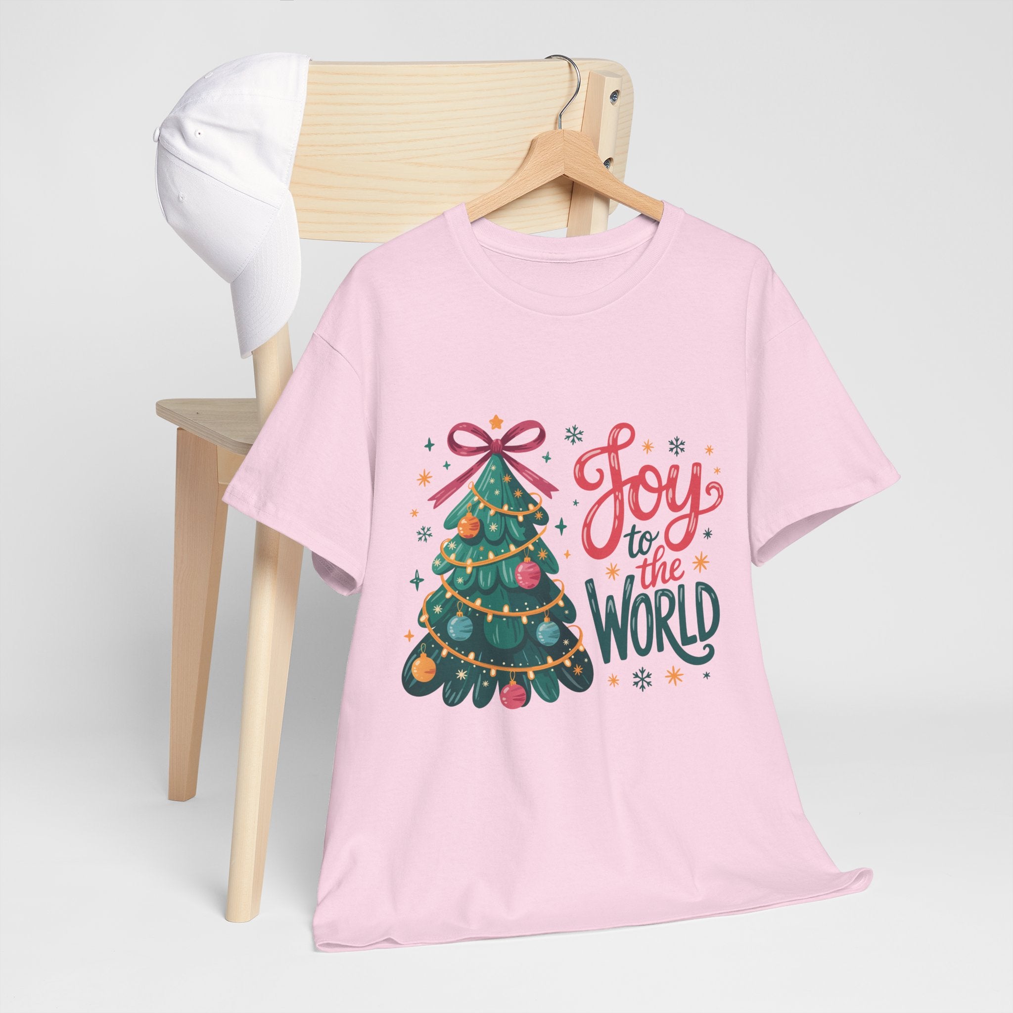 Joy to the World Christmas Tee — Festive Tree with Pink Bow..Unisex Cotton Tee