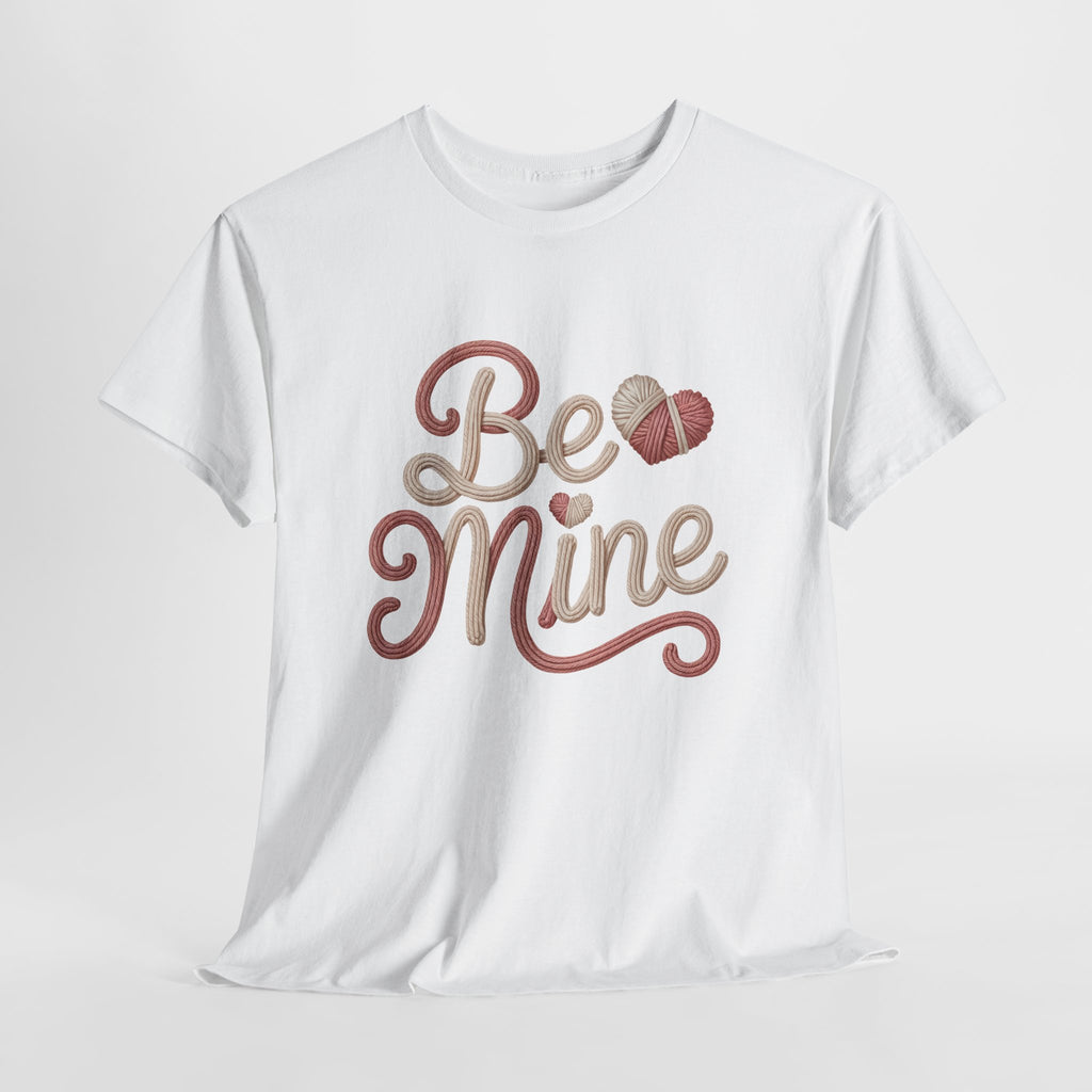Be Mine Yarn Heart T-Shirt — Valentine’s Faux-Yarn Pink & Cream Unisex Cotton Tee