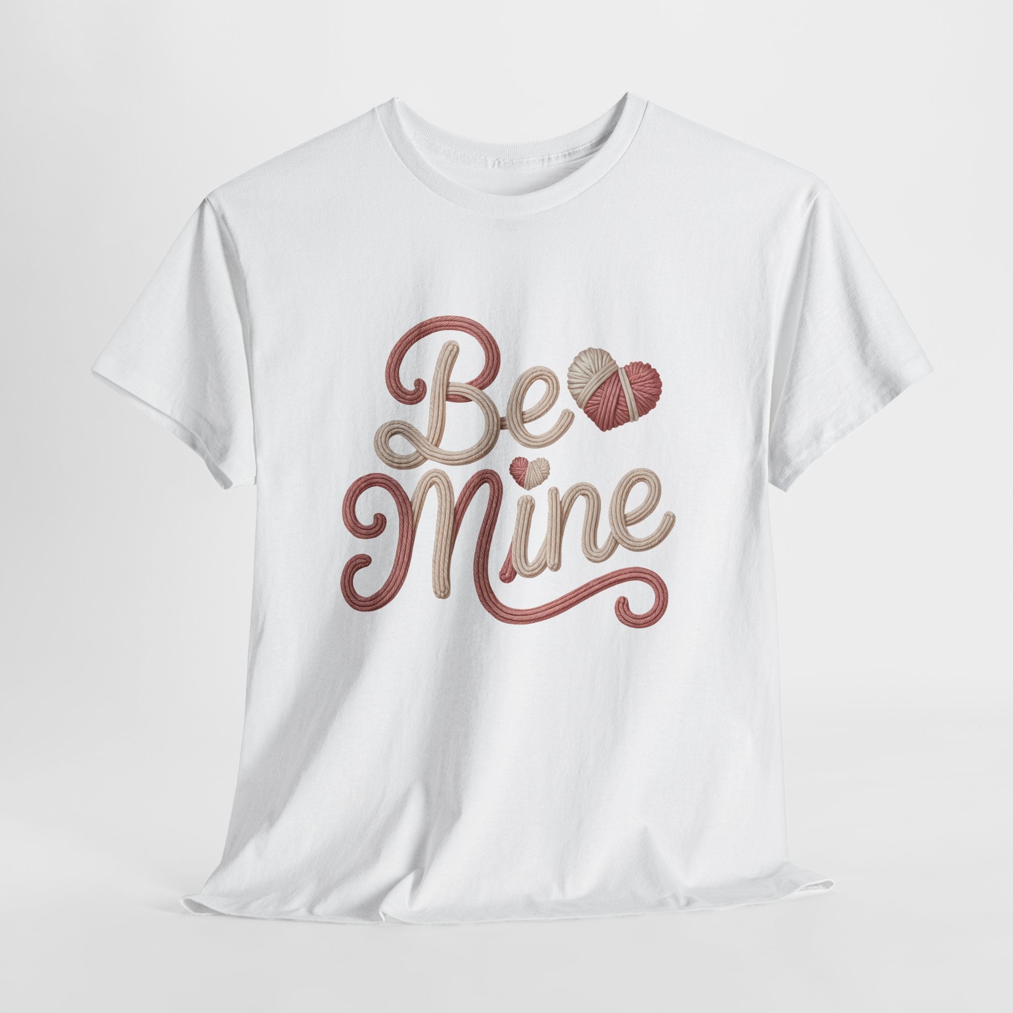 Be Mine Yarn Heart T-Shirt — Valentine’s Faux-Yarn Pink & Cream Unisex Cotton Tee