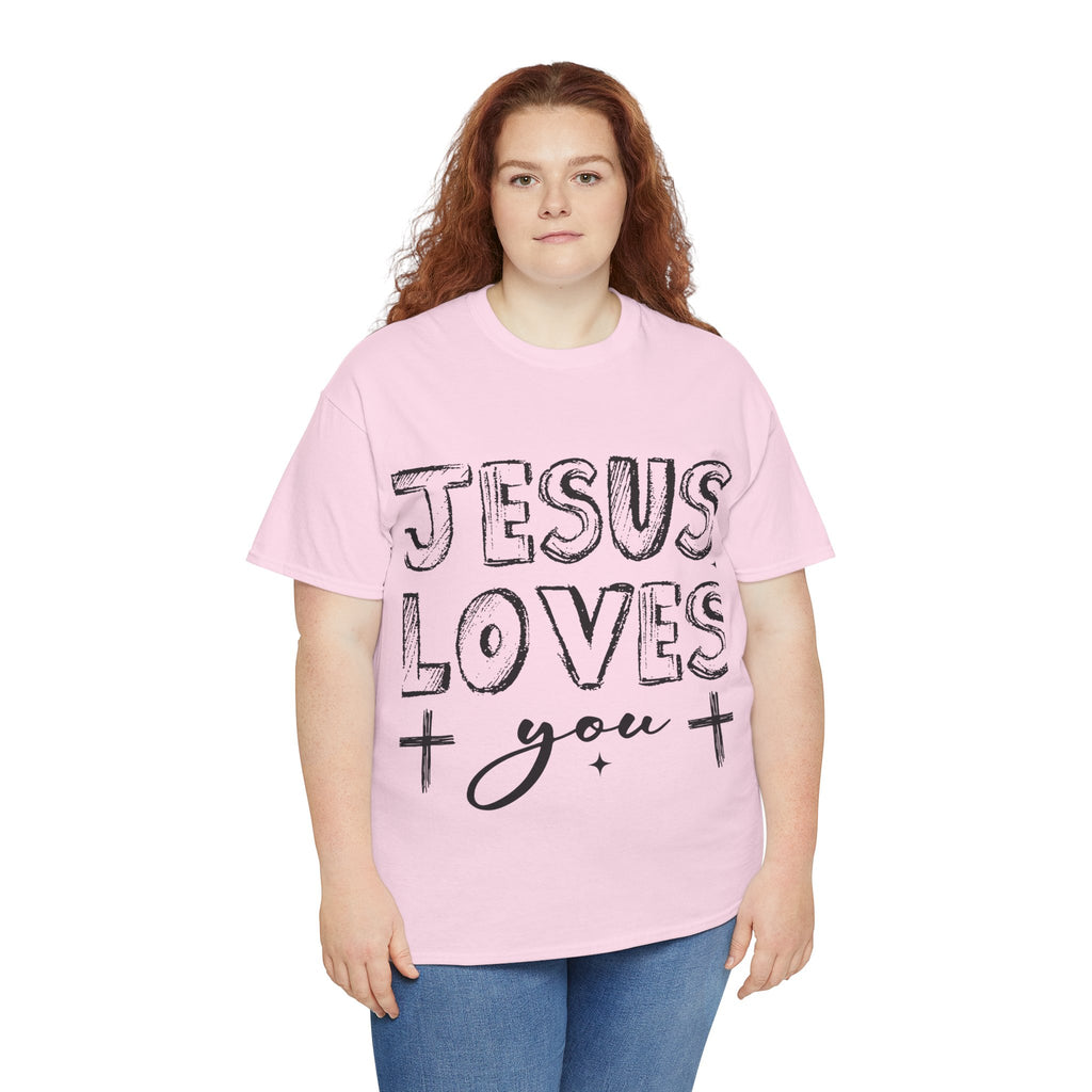 Jesus Loves You Chalk-Style Tee — Crosses & Stars Christian UNisex Cotton T-Shirt