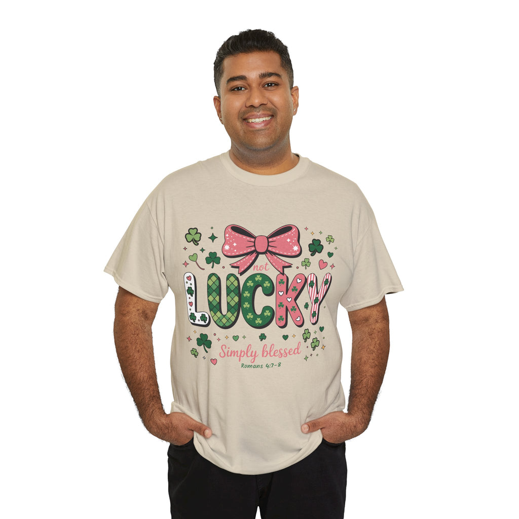 Simply Blessed Tee — “Not Lucky, Simply Blessed” with Pastel Bow, Clovers & Romans 4:7-8 Unisex Cotton Tee