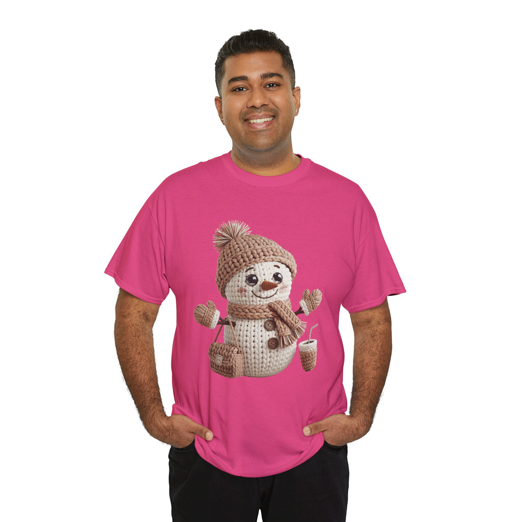 Snowman Knit‑Style Graphic Tee — Cute Faux‑Yarn Snowman with Hat, Scarf & Mittens.Unisex Cotton Tee