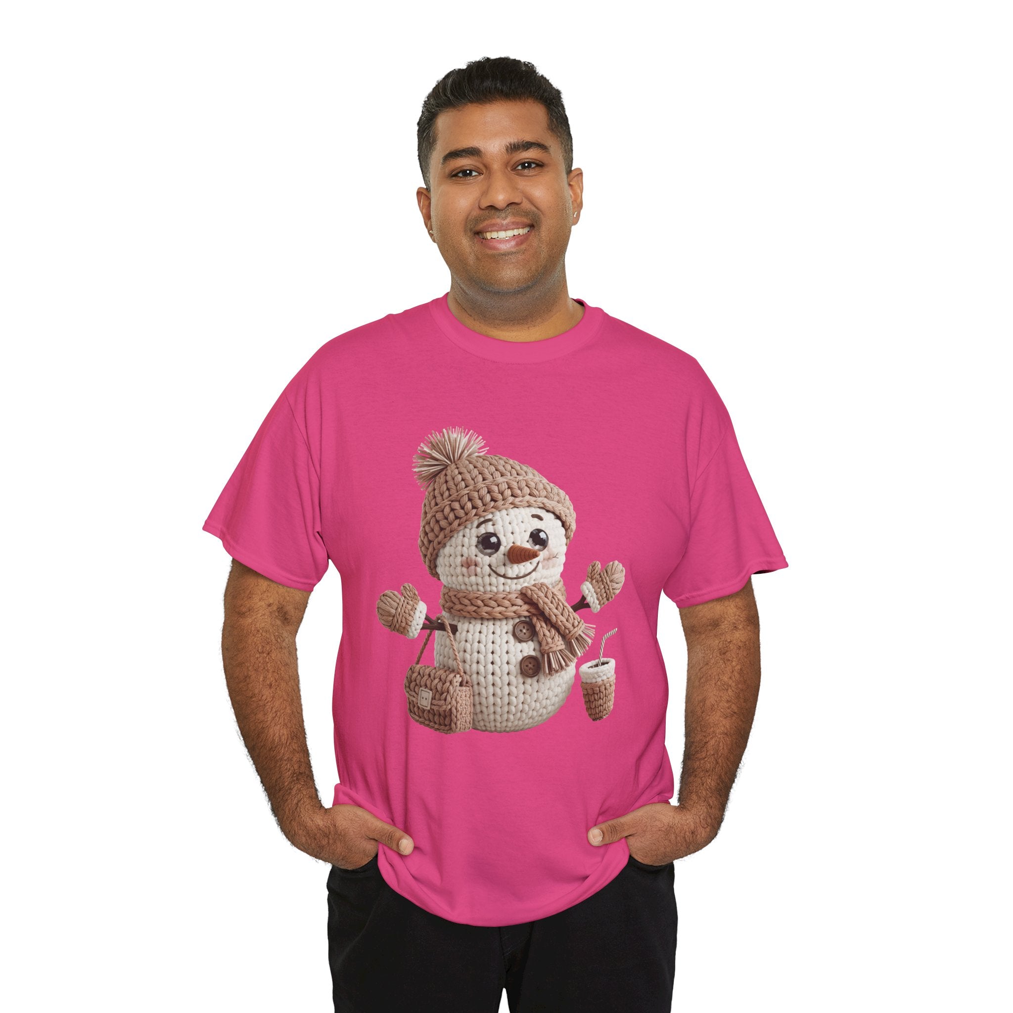 Snowman Knit‑Style Graphic Tee — Cute Faux‑Yarn Snowman with Hat, Scarf & Mittens.Unisex Cotton Tee