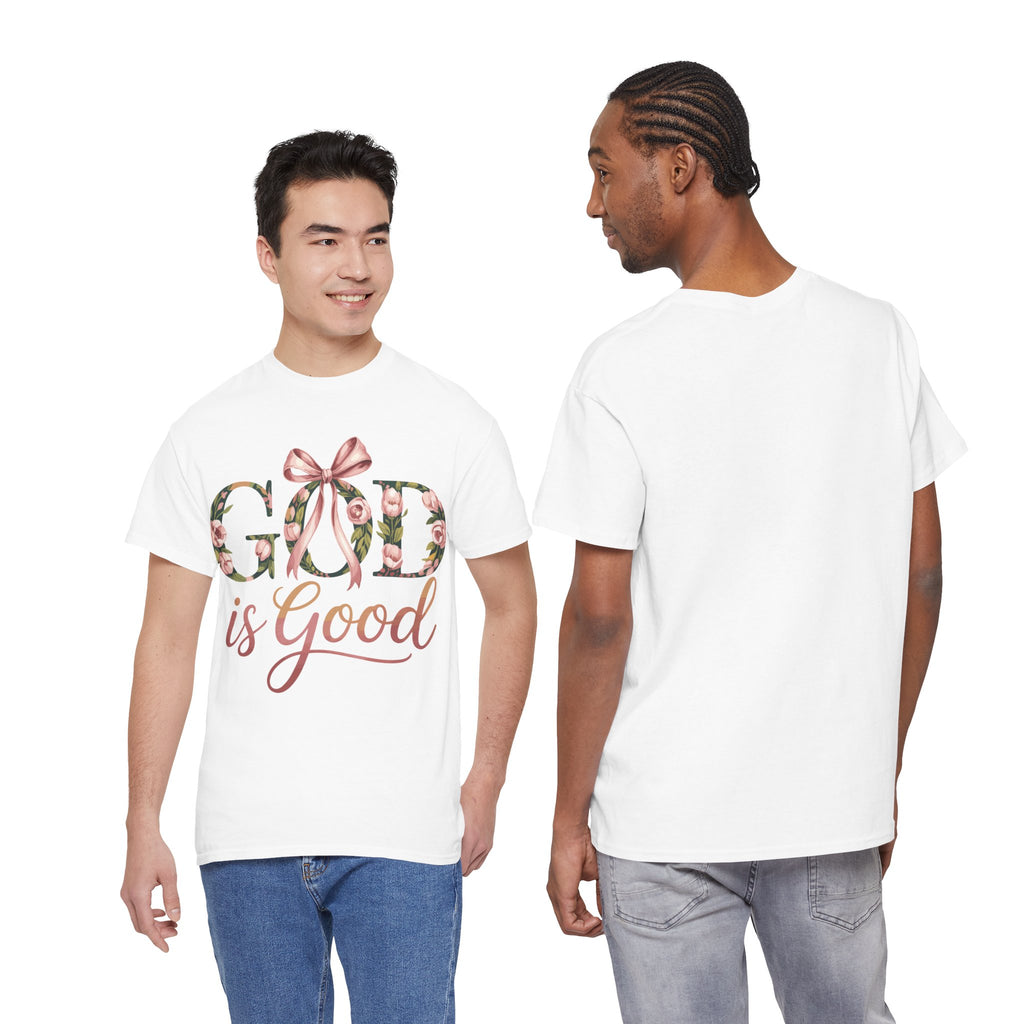 God Is Good Pink Rose Tee — Floral Ribbon Faith Unisex Cotton T-Shirt