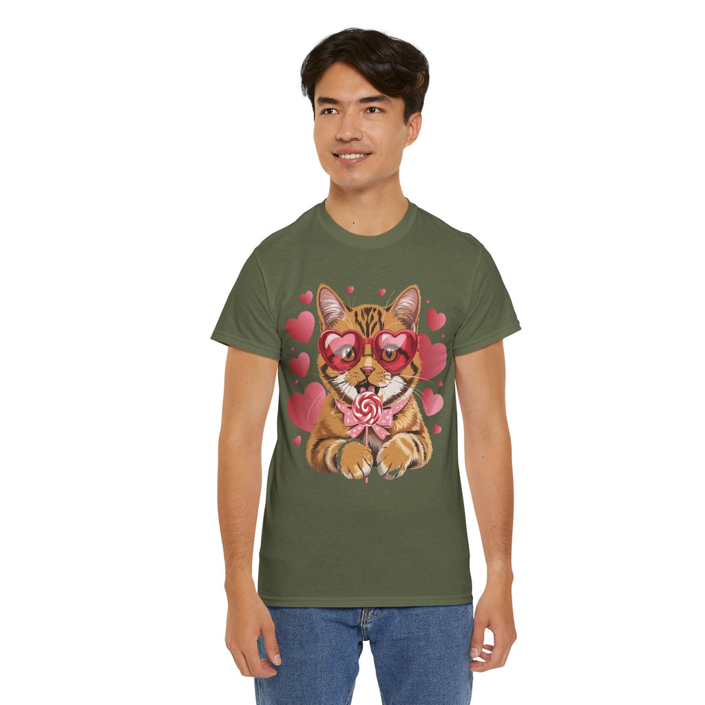 Valentine Cat Tee — Heart Glasses, Lollipop Bow Unisex Cotton Tee