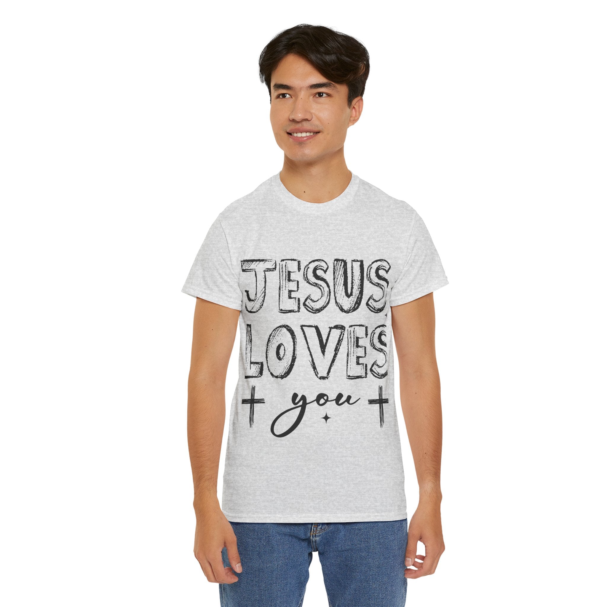 Jesus Loves You Chalk-Style Tee — Crosses & Stars Christian UNisex Cotton T-Shirt