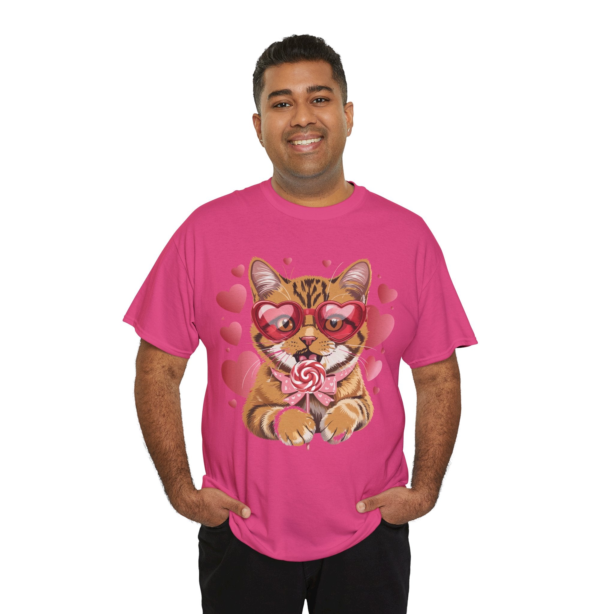 Valentine Cat Tee — Heart Glasses, Lollipop Bow Unisex Cotton Tee