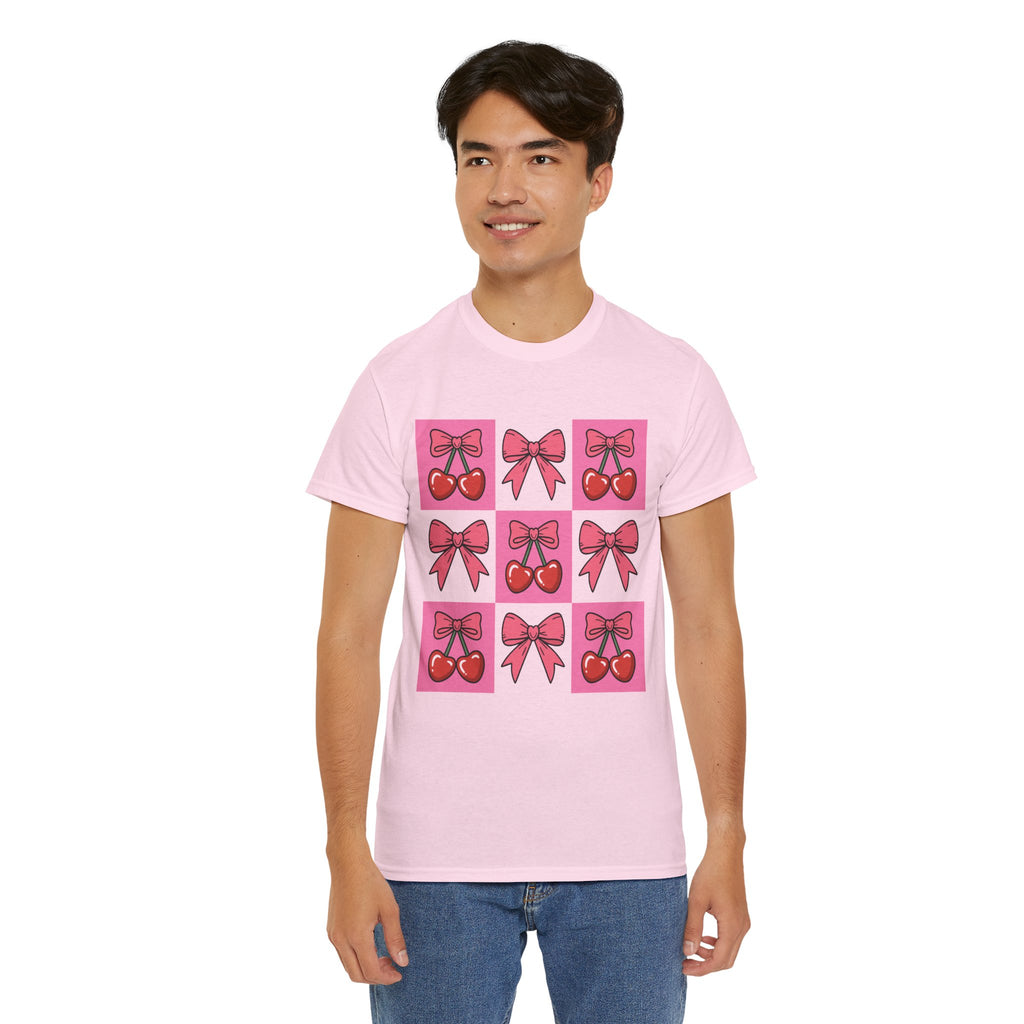 Cherry & Pink Bow Checkered Unisex Cotton Tee