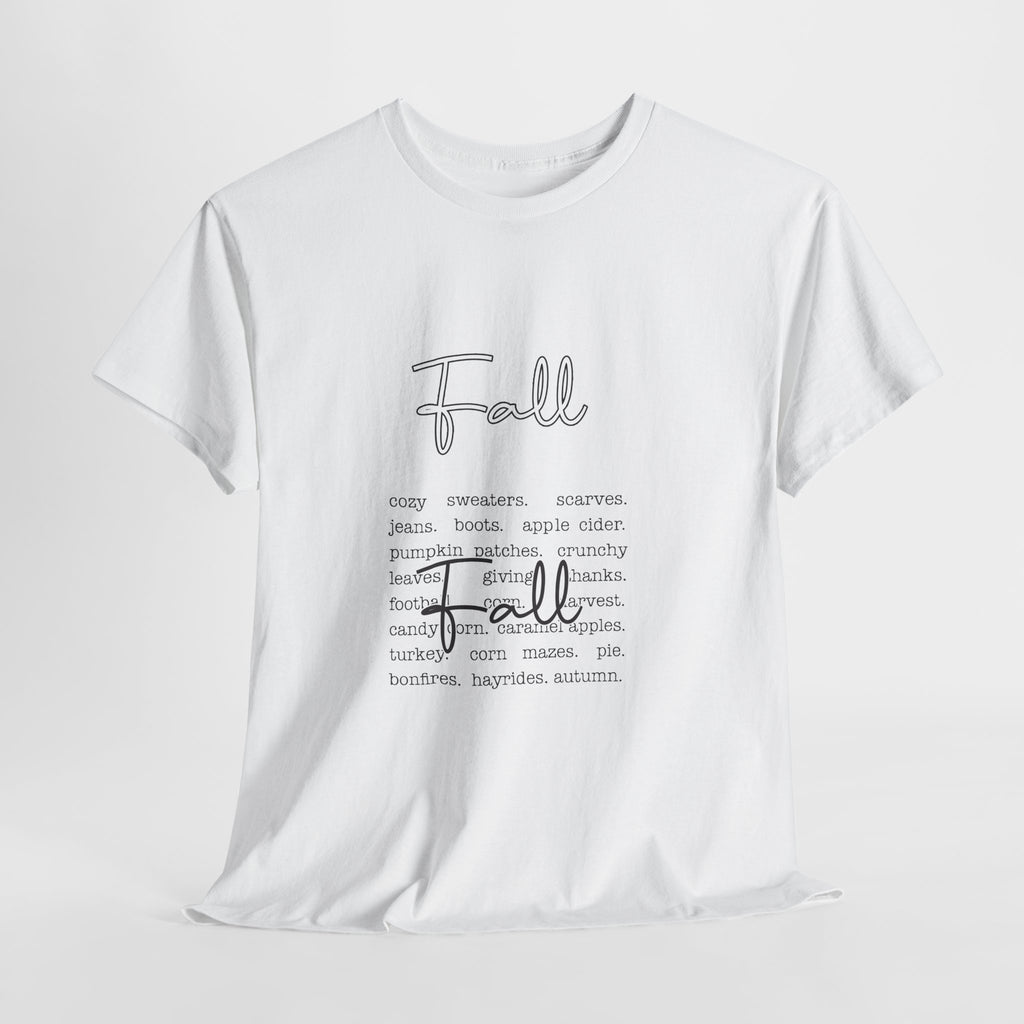 Fall Cursive Typography T-Shirt — Sweaters, Cider & Pumpkins. Unisex Cotton Tee