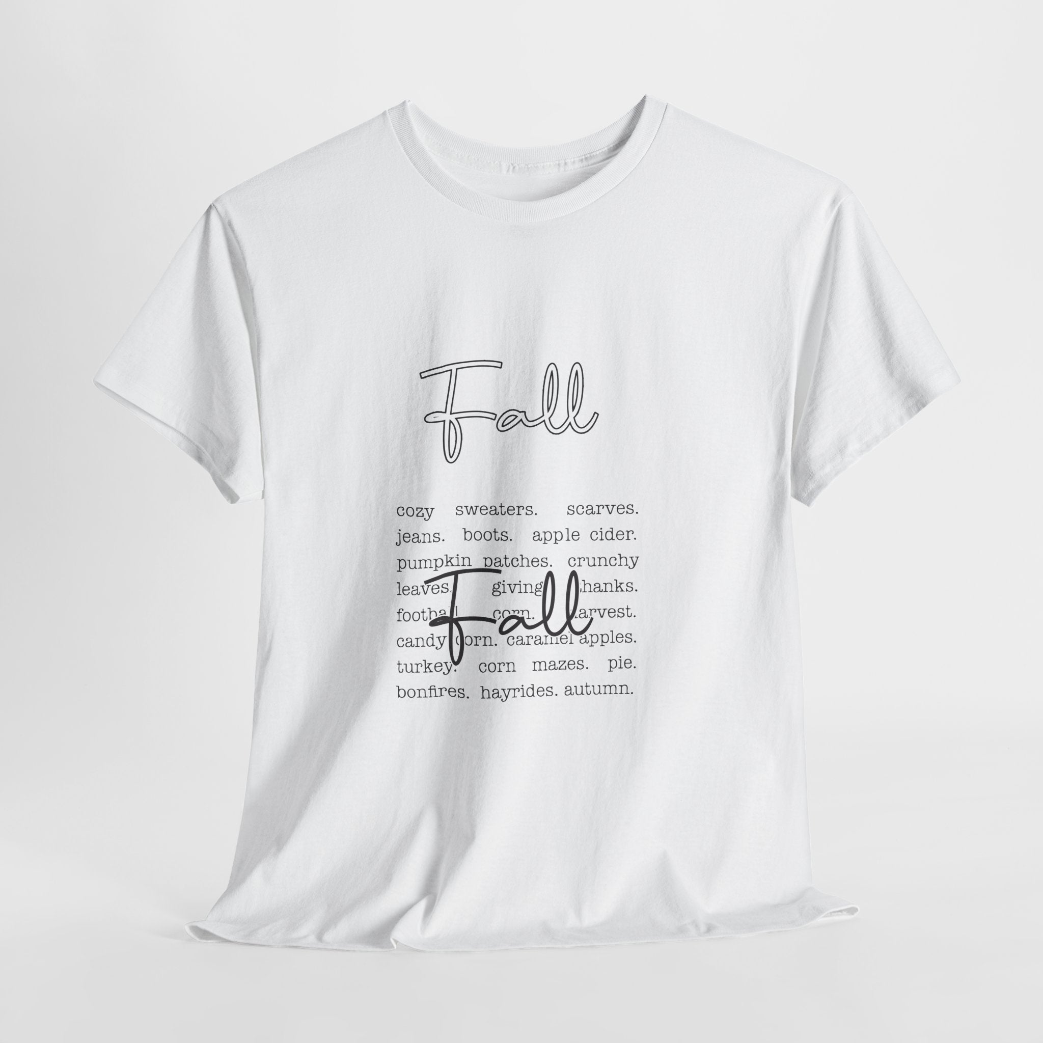 Fall Cursive Typography T-Shirt — Sweaters, Cider & Pumpkins. Unisex Cotton Tee