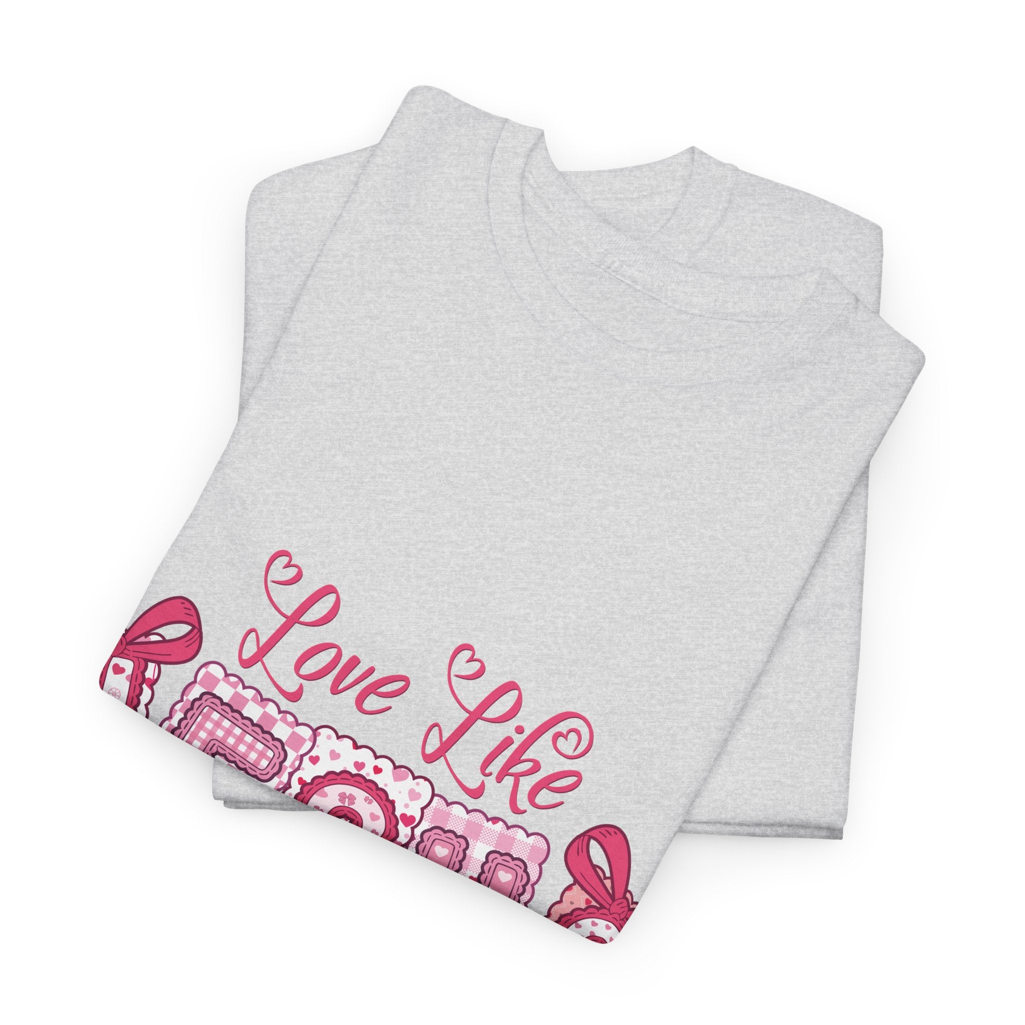 Love Like Jesus Patchwork Tee — Pink Stitched Heart Graphic.Unisex Cotton Tee