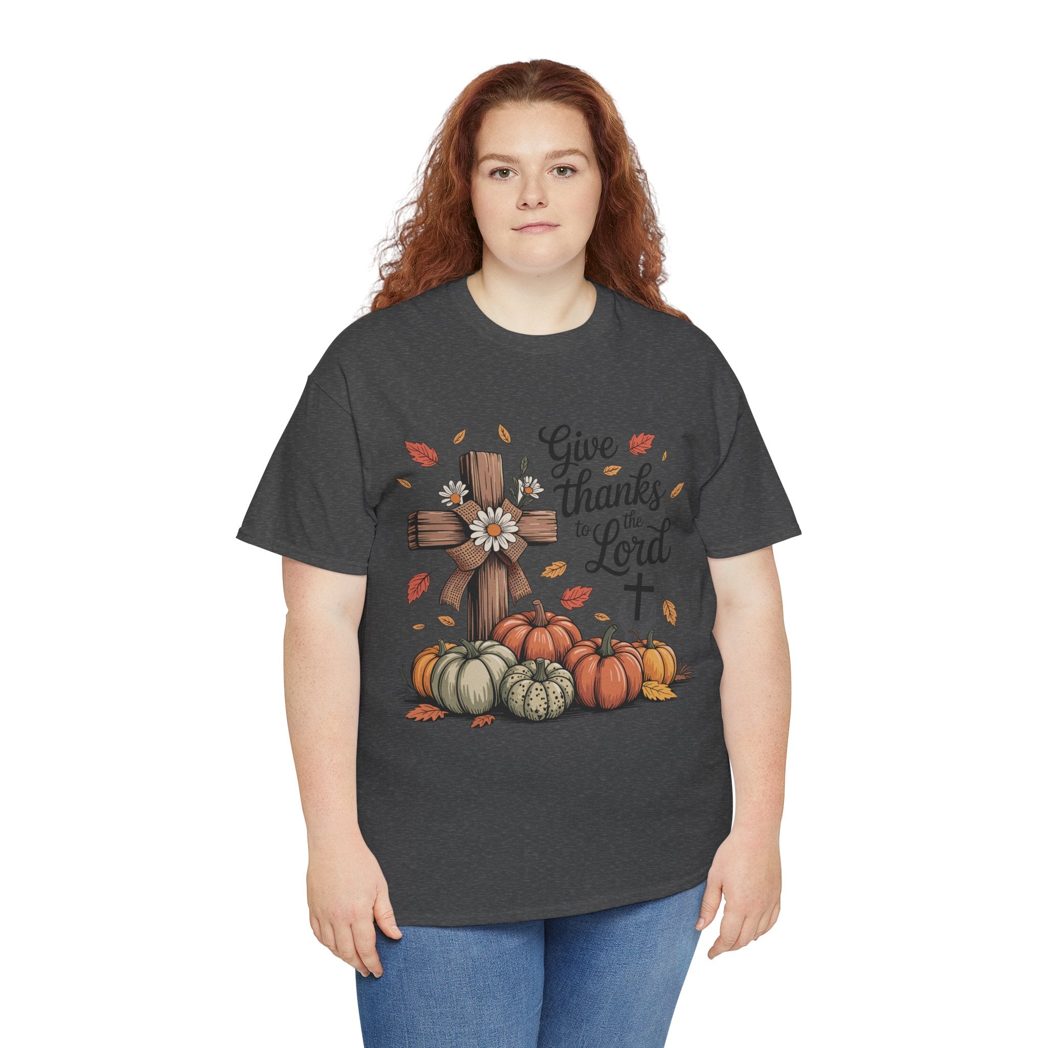 Give Thanks to the Lord Autumn Tee — Wooden Cross, Pumpkins & Daisies..Unisex Cotton Tee