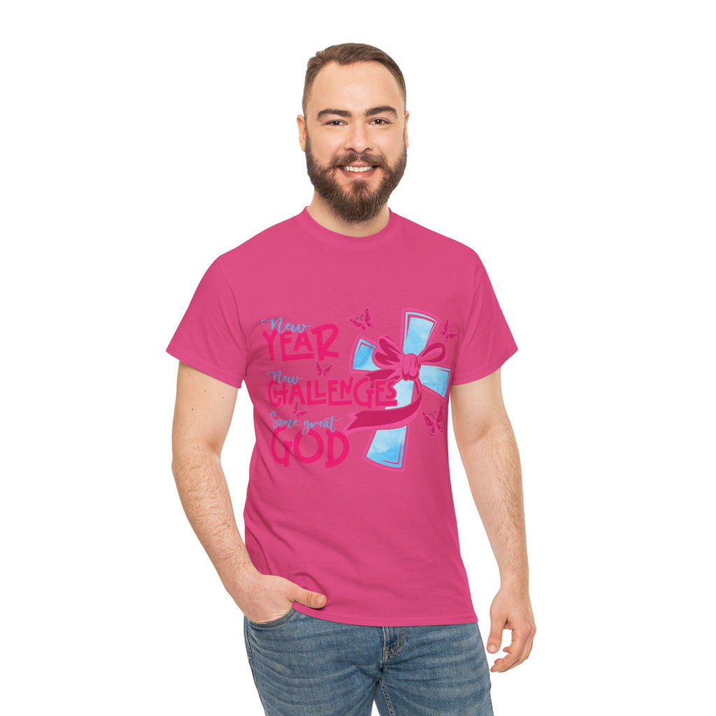 Christian T-Shirt — “New Year, New Challenges, Same Great God” with Pink Bow Cross & Butterflies. Unisex Cotton Tee