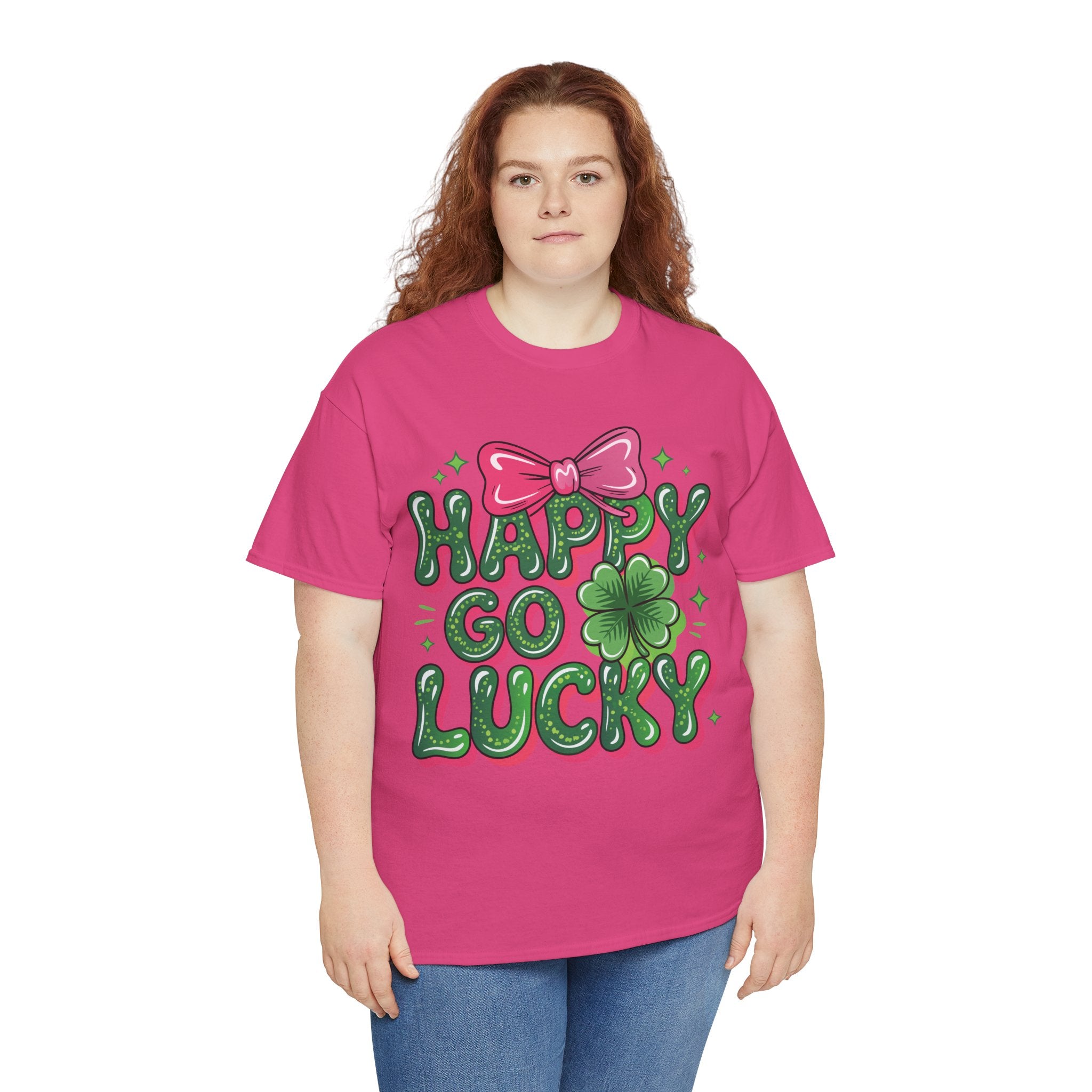 Happy Go Lucky Four-Leaf Clover Tee — Glossy Green Letters & Pink Bow Unisex Cotton Tee