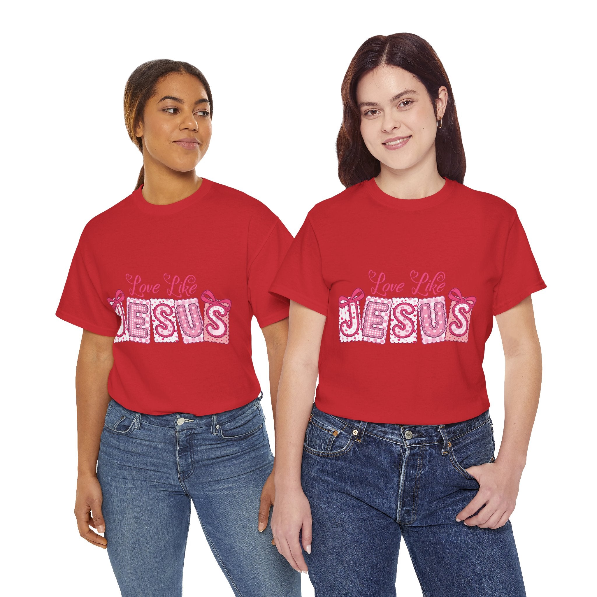 Love Like Jesus Patchwork Tee — Pink Stitched Heart Graphic.Unisex Cotton Tee