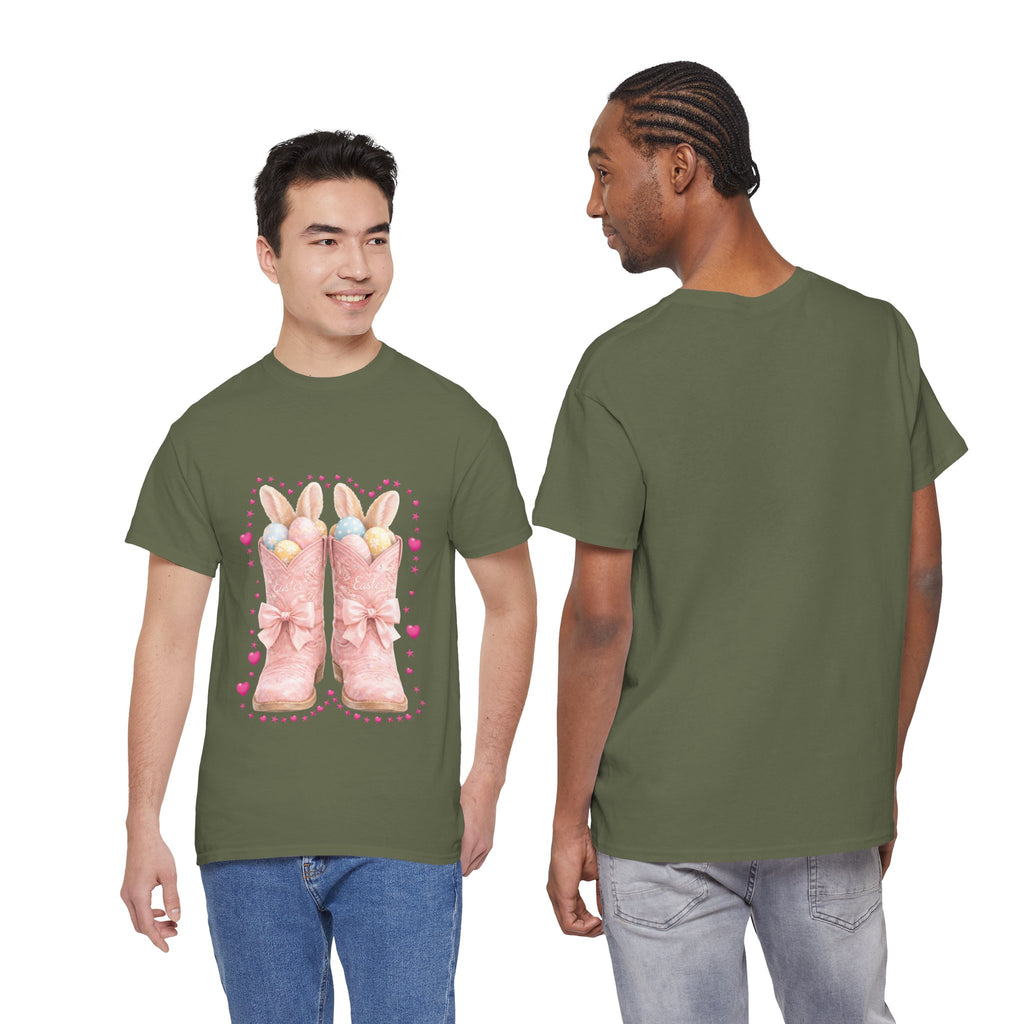 Easter Pink Western Boots Tee — Pastel Bunny Eggs & Bows Unisex Cotton Tee