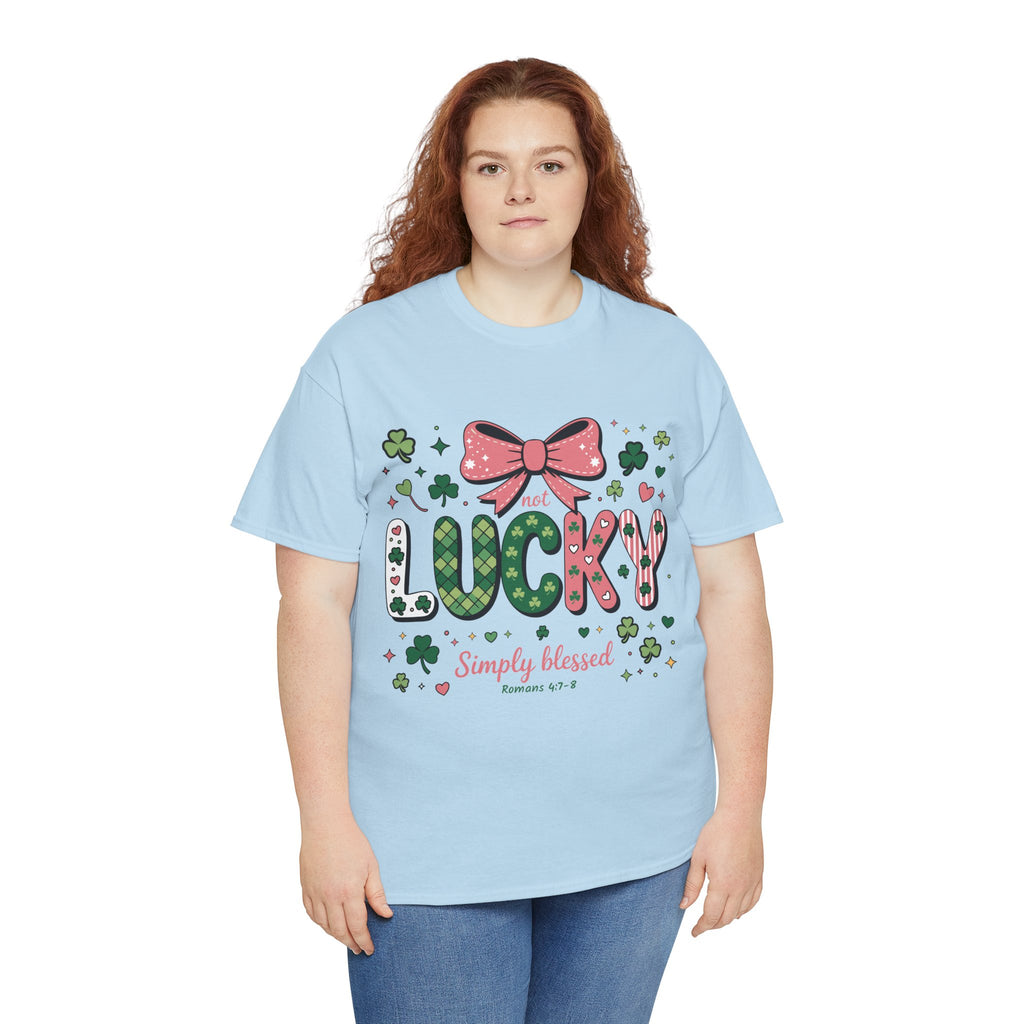 Simply Blessed Tee — “Not Lucky, Simply Blessed” with Pastel Bow, Clovers & Romans 4:7-8 Unisex Cotton Tee