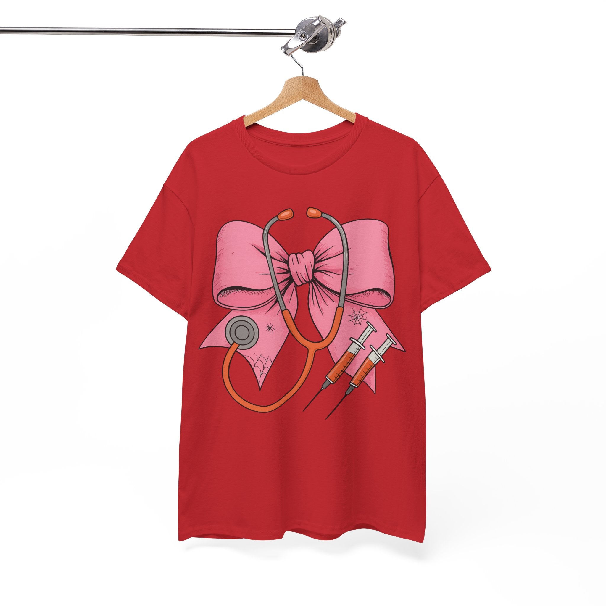 Halloween Nurse T‑Shirt — Pink Nurse Bow with Stethoscope, Syringes & Spider Webs..Unisex Cotton Tee