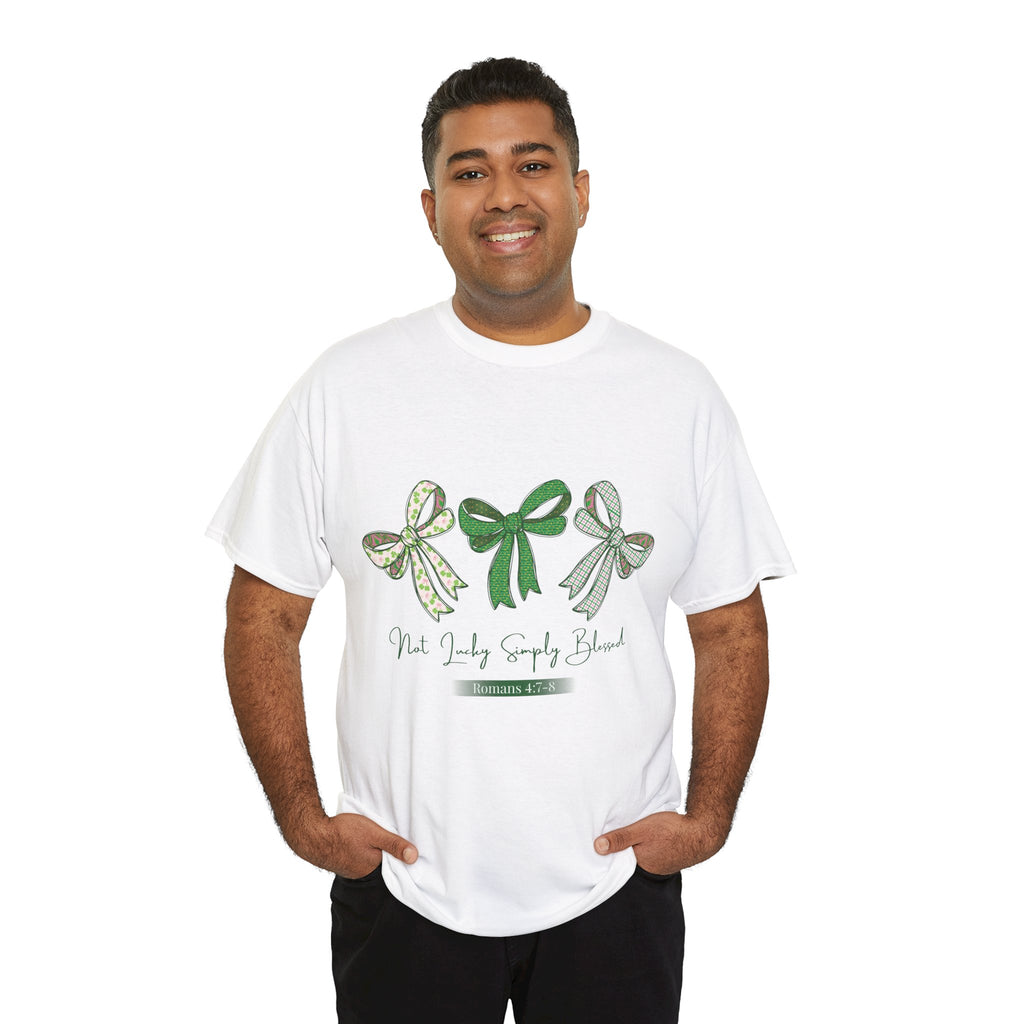 Not Lucky Simply Blessed Tee — Romans 4:7-8 Green Bow Christian Unisex Cotton T-Shirt