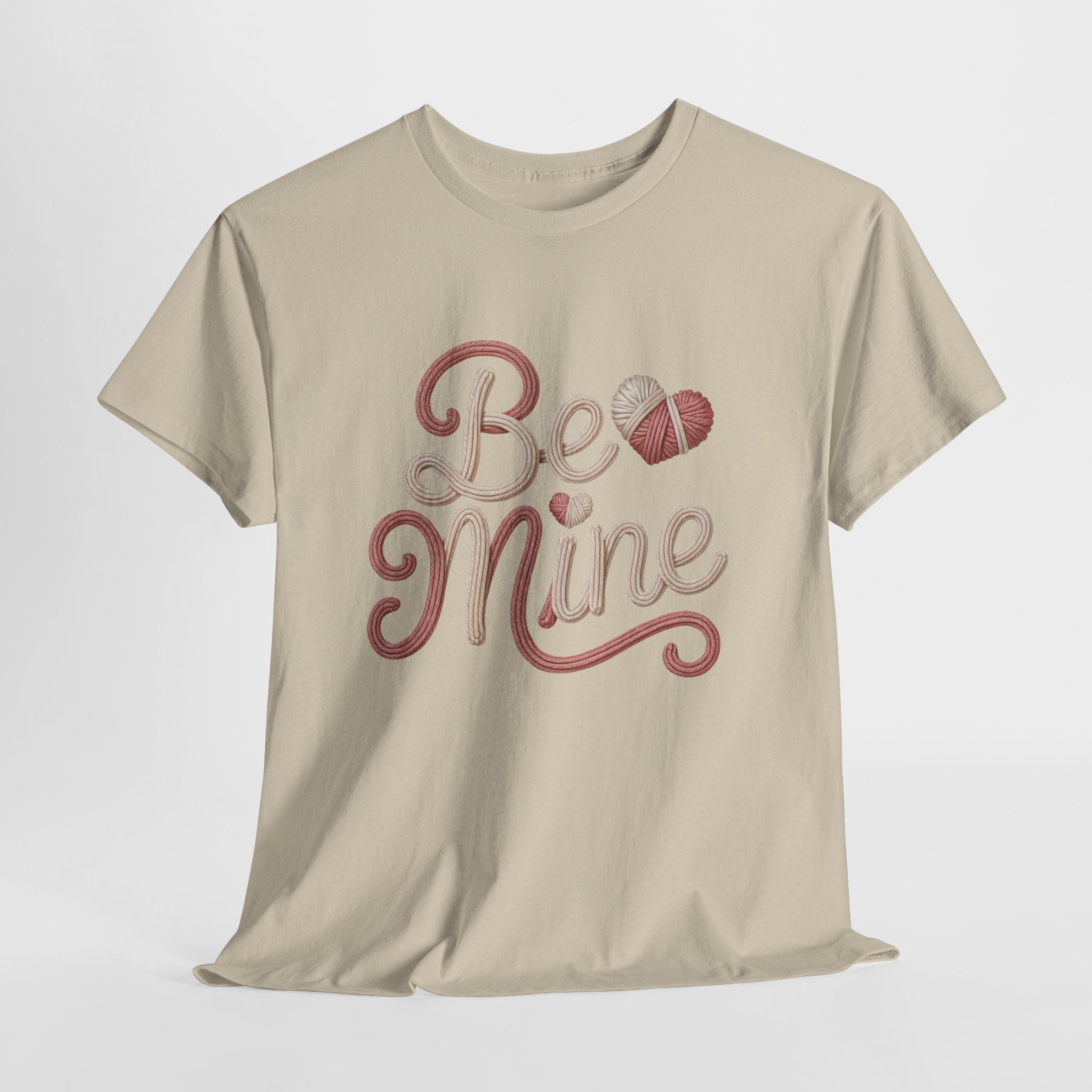 Be Mine Yarn Heart T-Shirt — Valentine’s Faux-Yarn Pink & Cream Unisex Cotton Tee